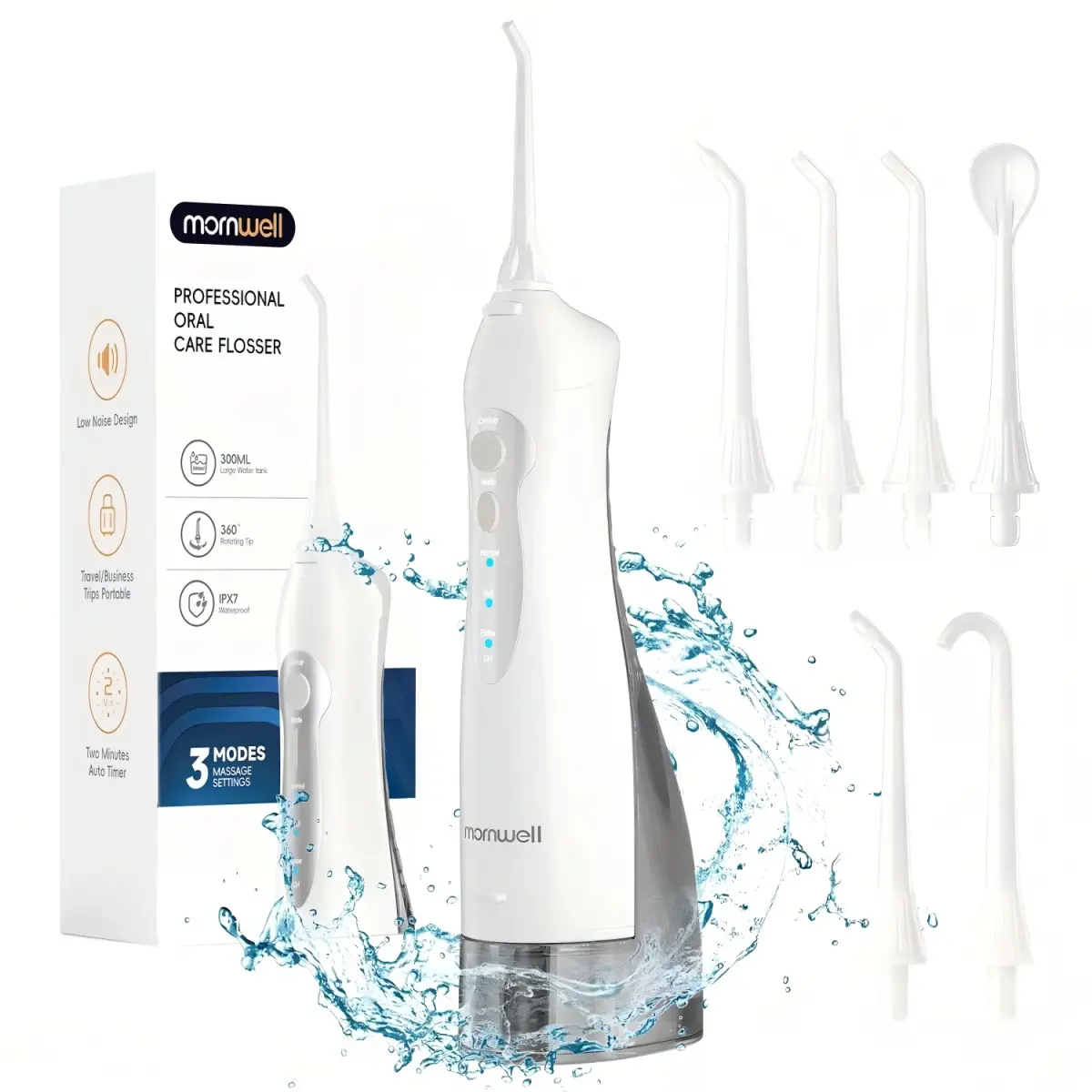 Mornwell Irrigador Bucal Portátil Sem Fio D52 com 6 Jatos e 3 Modos para Limpeza de Dentes, IPX7 à Prova d'Água - 1