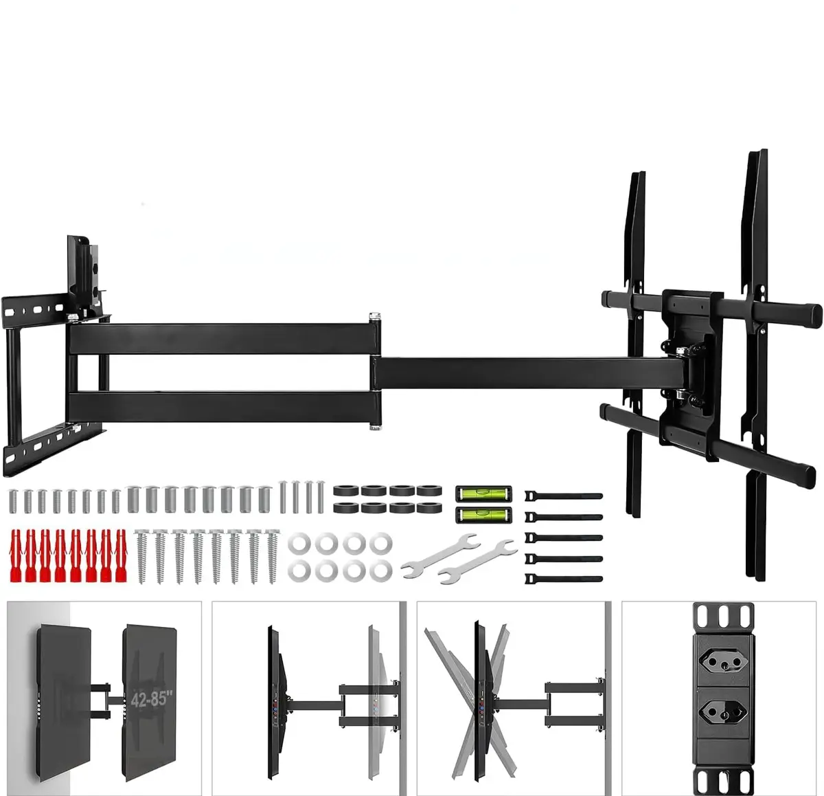 Suporte TV Articulado de Parede com Soquete e Braço Longo 85 cm,Suporte para TVs Planas e Curvas de 42-80 Polegadas, Movimentação, VESA 200x100 a 600x400mm, Até 45 Kg, Preto - 1