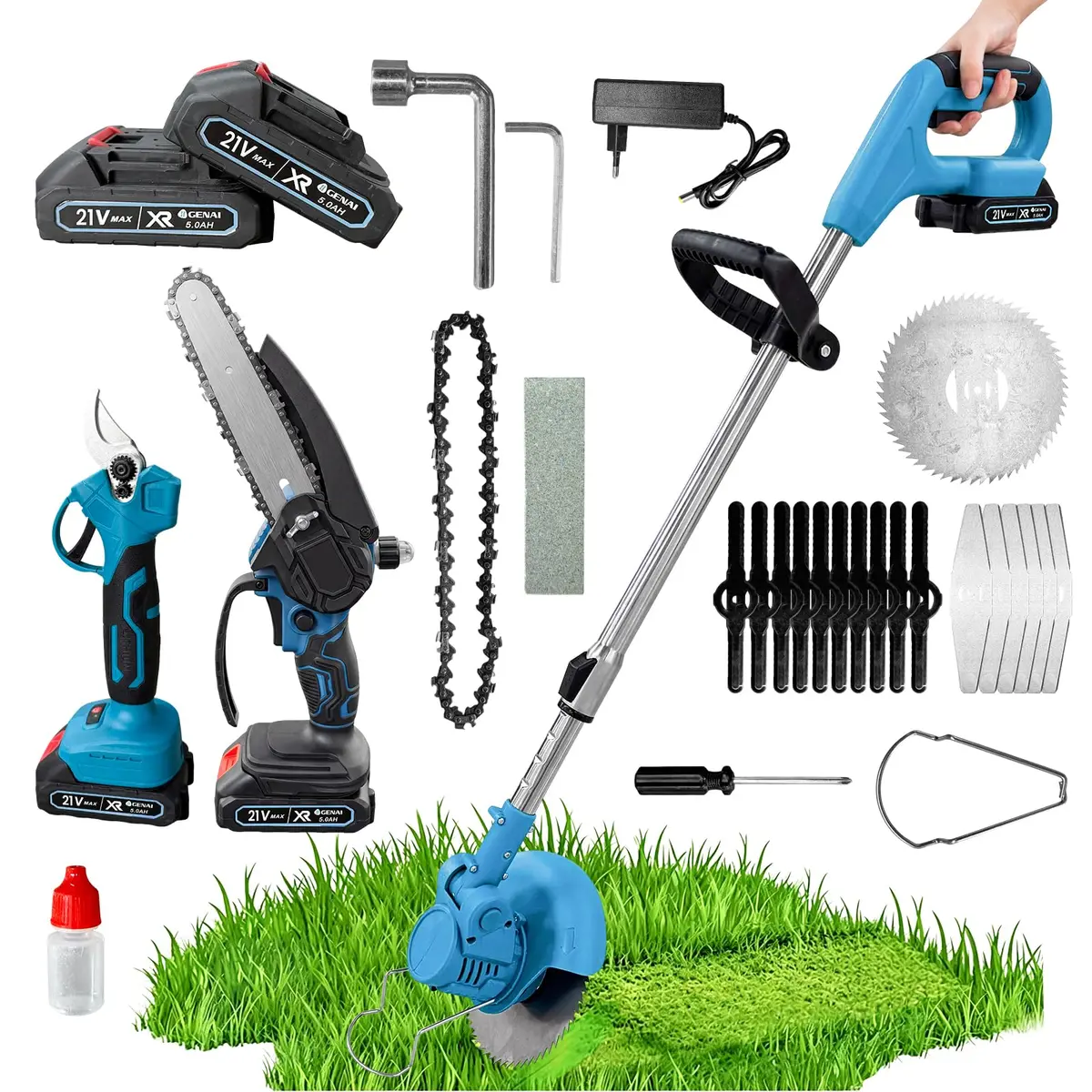 Kit de Serra Elétrica para Jardim 3 en 1, Motoserra 21V com Lâmina Serra 6''e 8", Roçadeira com Lâminas e Acessórios e Tesoura Elétrica de Poda, para Jardim Poda de Árvores