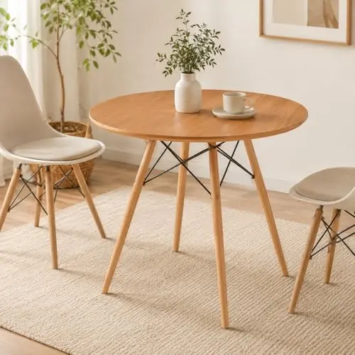Mesa de Jantar Redonda 90 cm para 4 Lugares(Feijó) | Tampo em painel de madeira, base com pés de madeira e estrutura metálica, 90 cm de diâmetro e suporte até 100 kg