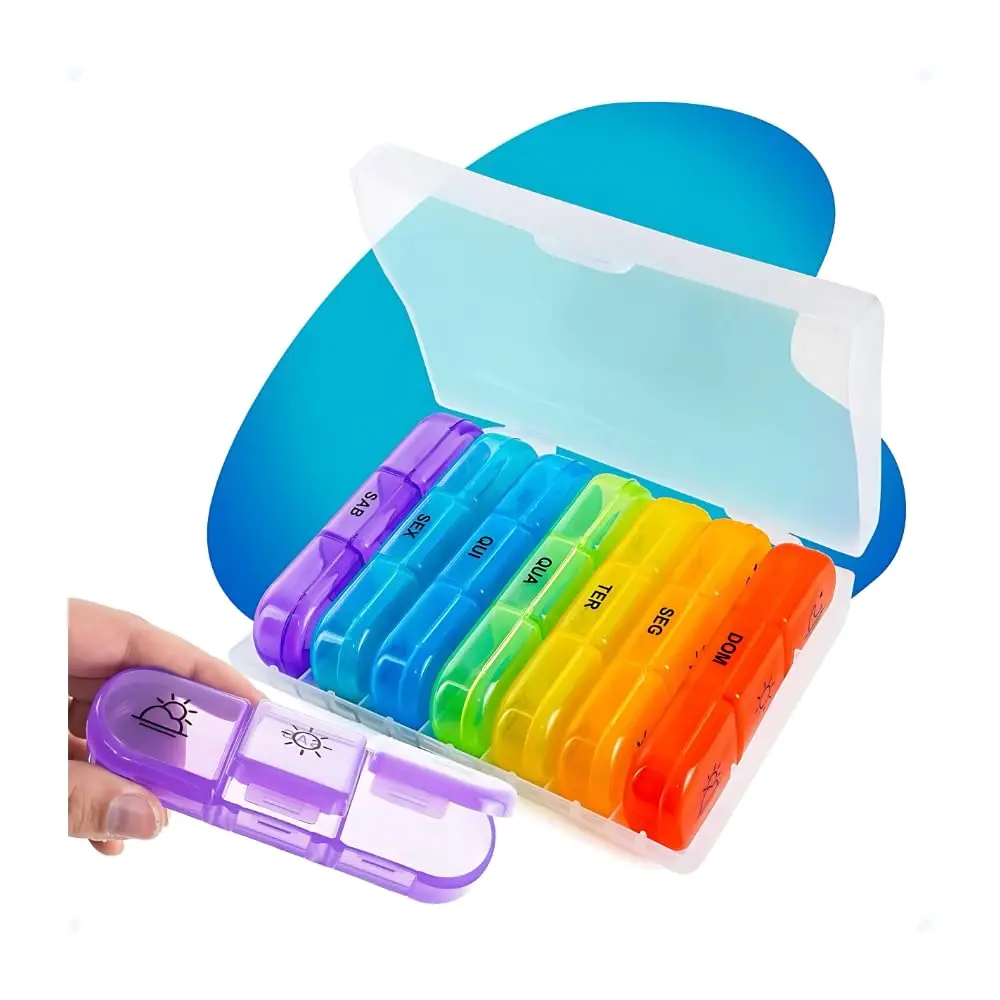 Porta Comprimidos Semanal, Organizador de Remédios e Suplementos, Colorido | Modelo grande com estojo organizador e compartimentos individuais para uso diário, viagens, vitaminas e suplementos