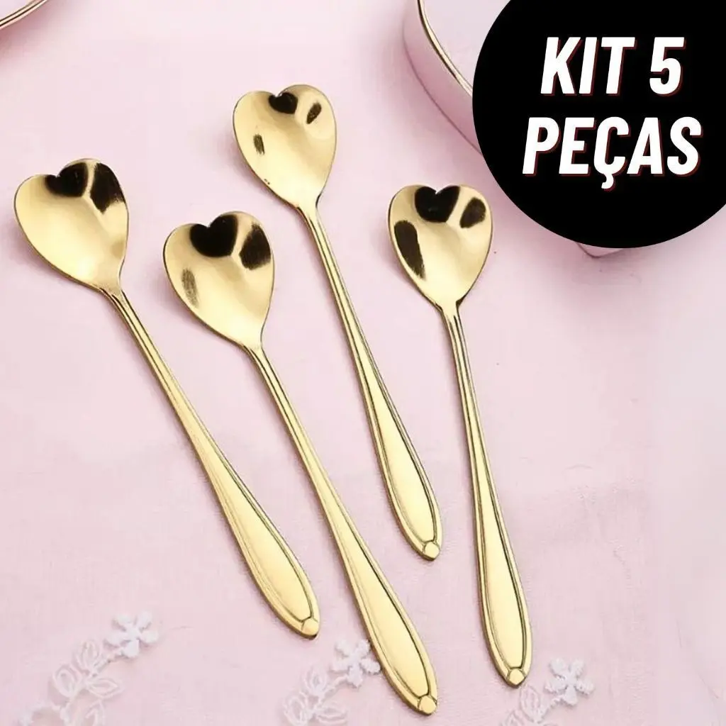 Kit 5 Colheres Coração Fofa para Cozinha Mesa Posta Douradas Café Sobremesa Chá Aço Inoxidável - 1