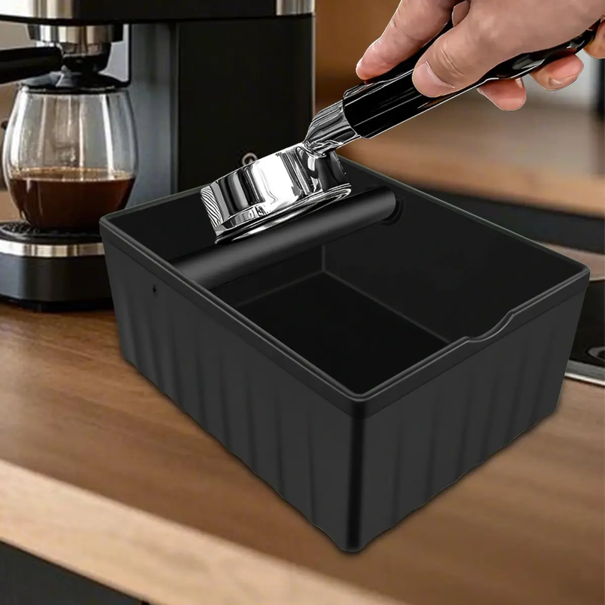 Caixa de batida de café expresso, caixa de batida de café, com haste de batida e base de borracha antiderrapante, caixa de batida de café expresso barista (preto)