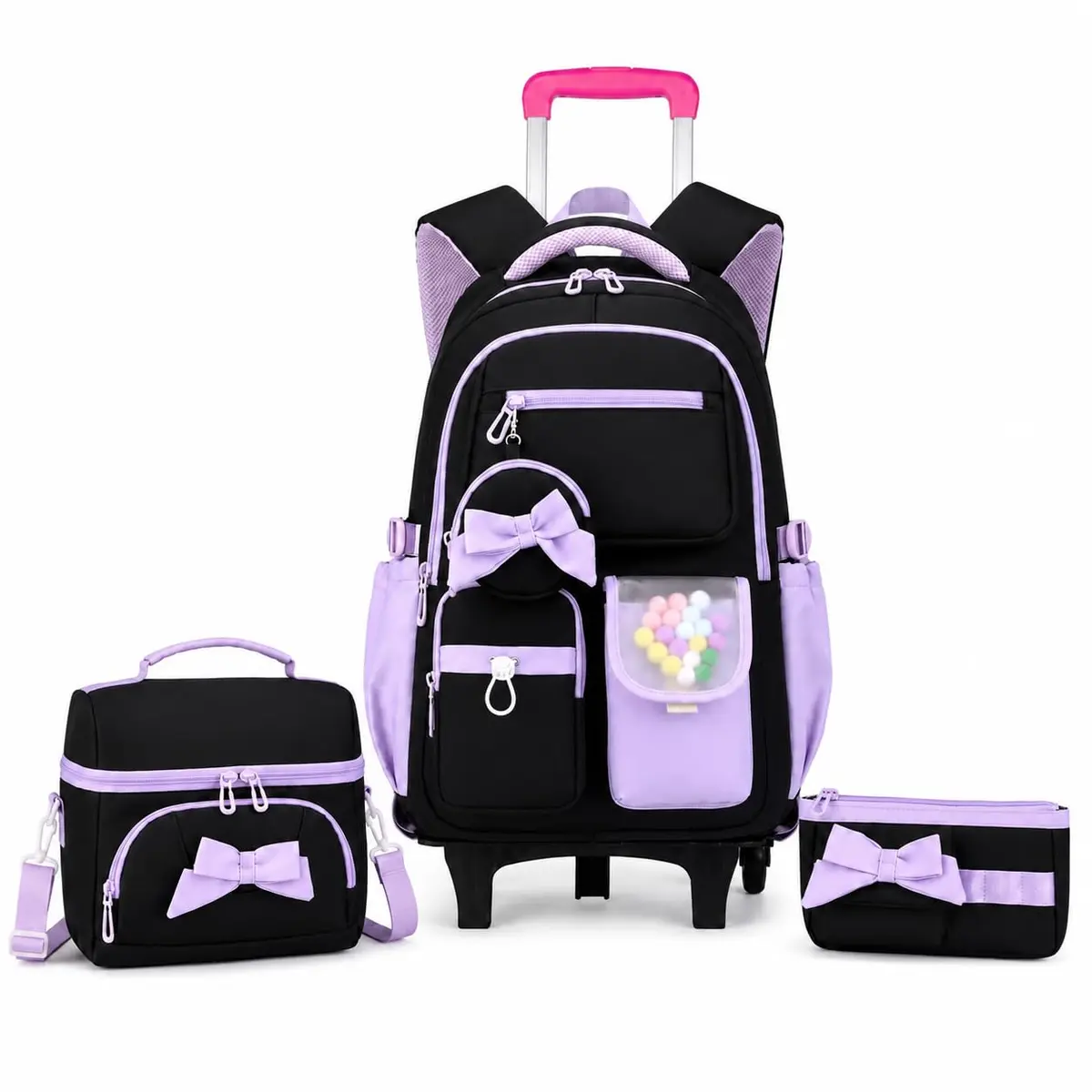 Kit Escolar com Rodinhas 3 Peças Mochila Lancheira e Estojo | Carrinho Removível, Para 10 a 14 Anos