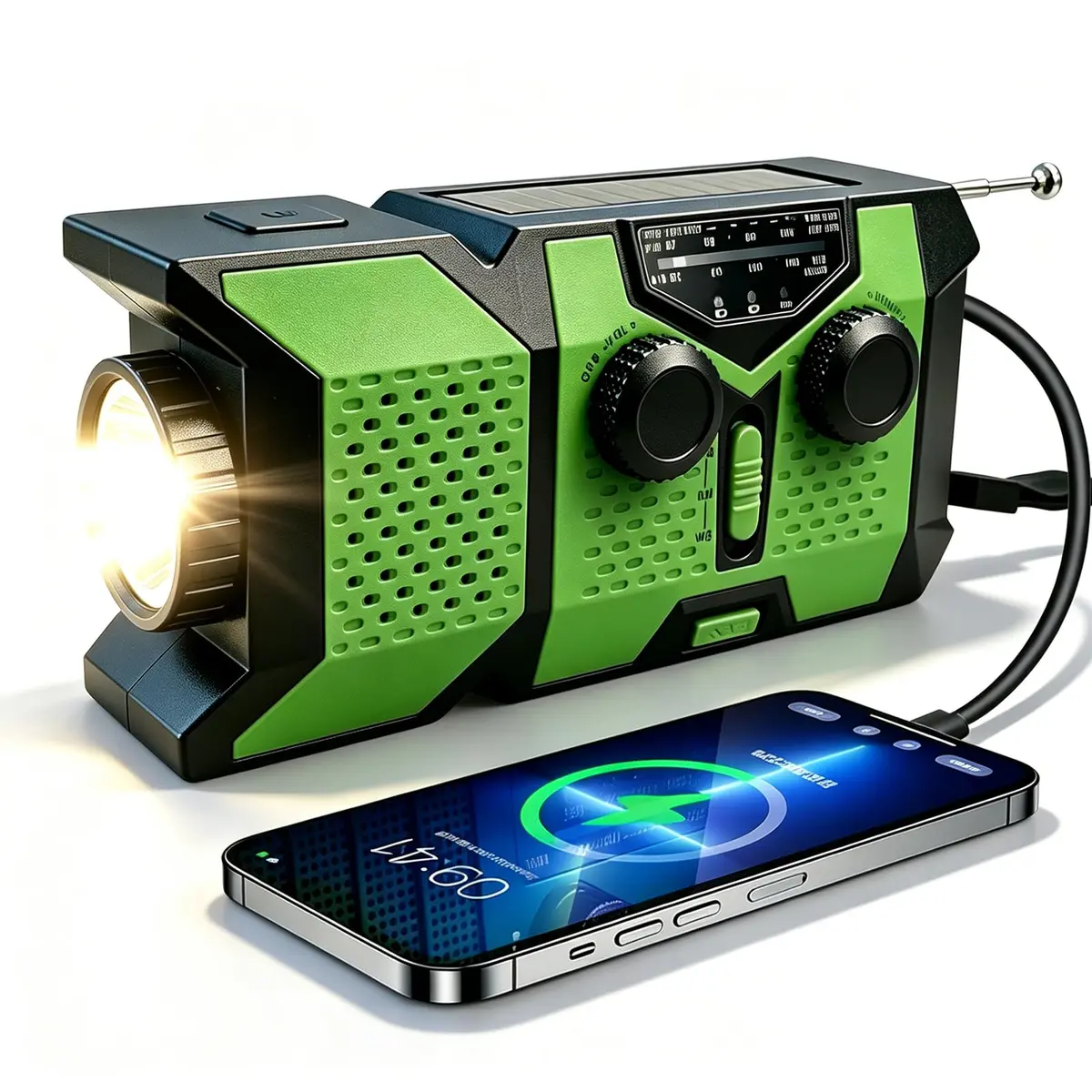 Rádio de Emergência com Manivela, 2000 mAh Rádio Portátil Multifuncional com Manivela, Lanterna, Caixa de Som, Alarme SOS e cabo USB