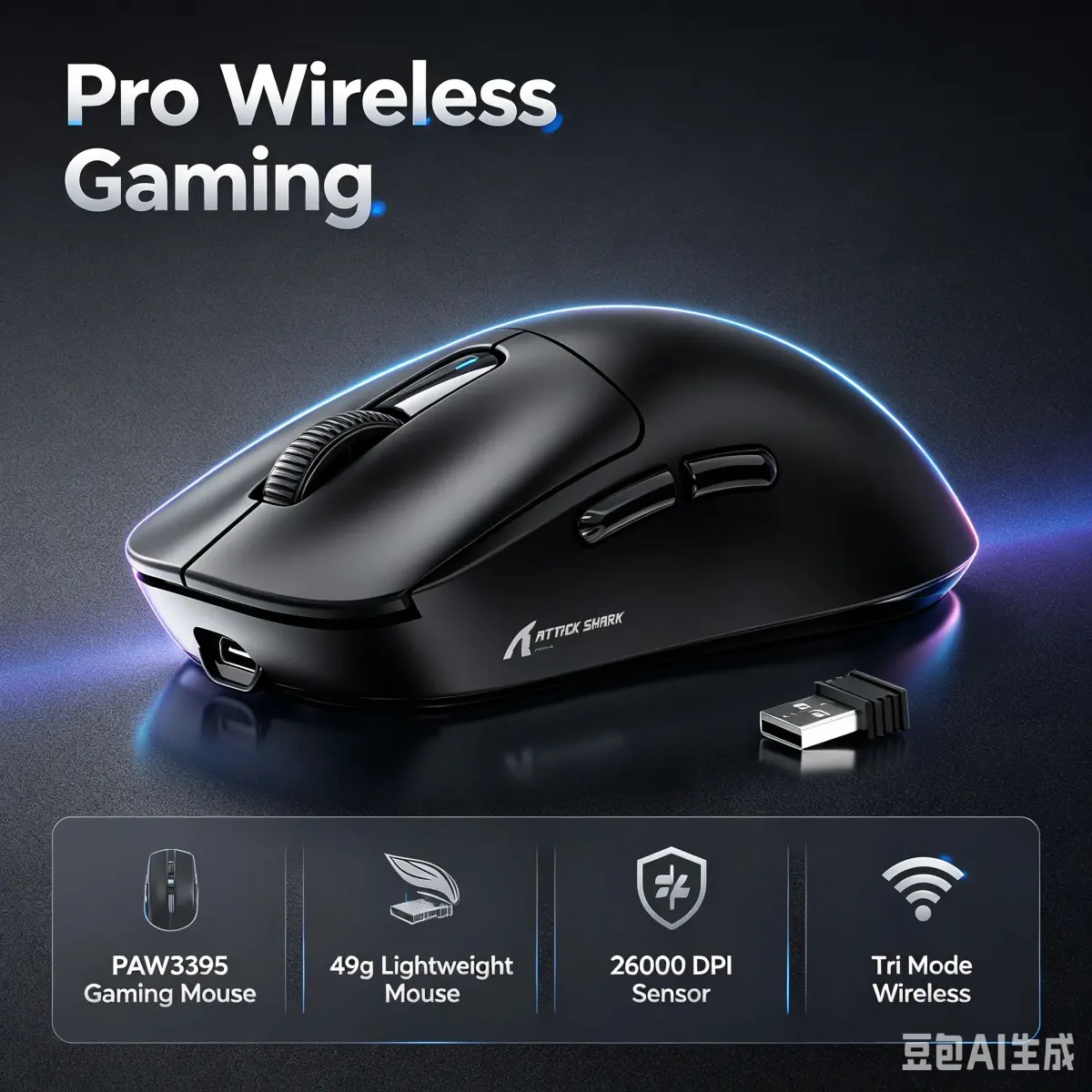 Mouse gamer sem fio X3 com corpo leve de 49g, sensor PAW3395, 26000 DPI, conexão tri-modo e configurações programáveis. - 1