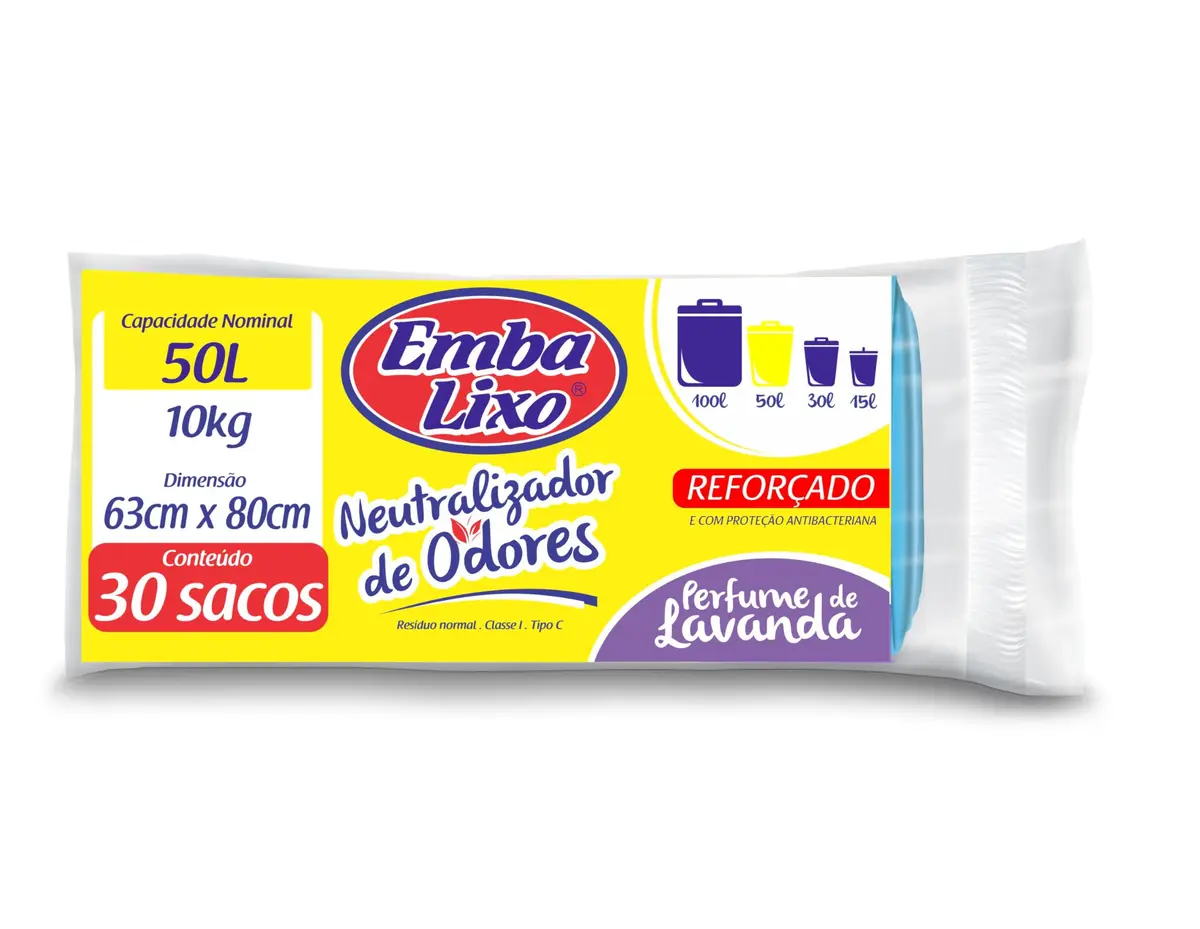 Embalixo Saco para Lixo Neutralizador de Odores Reforçado Perfume de Lavanda Azul 50 Litros - 30 Unidades