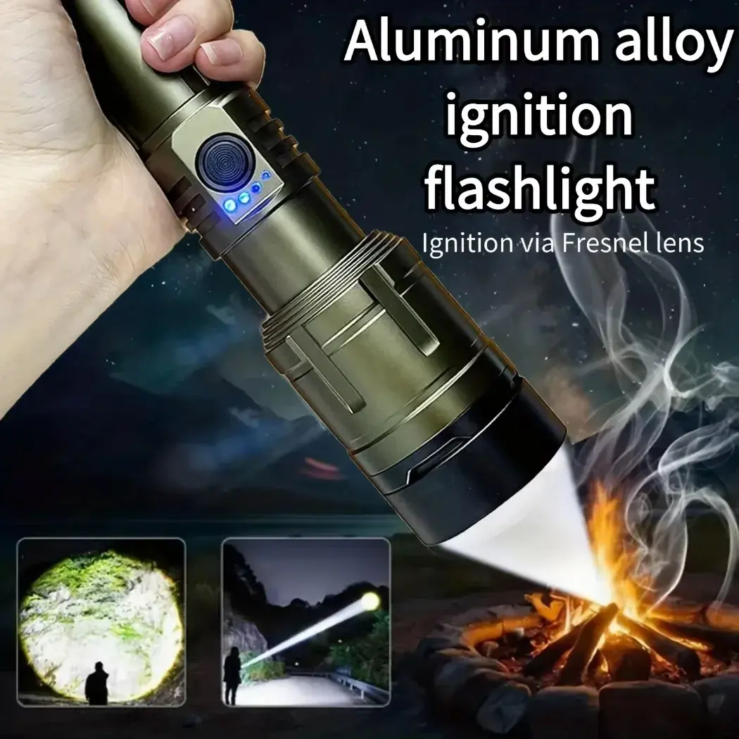 Lanterna, isqueiro e power bank combinados, recarregável, com feixe de luz superintenso e ajustável, 5 modos de iluminação para acampamentos ao ar livre e situações de emergência.