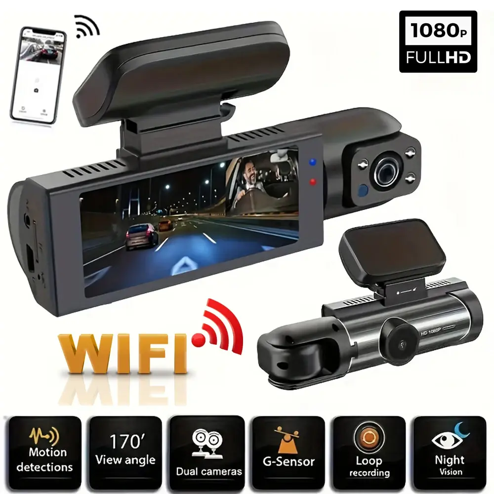 1080p wifi câmera dupla traço cam para carros, frente e dentro, câmera do carro com visão noturna ir, gravação em loop, grande angular carro dvr veio
