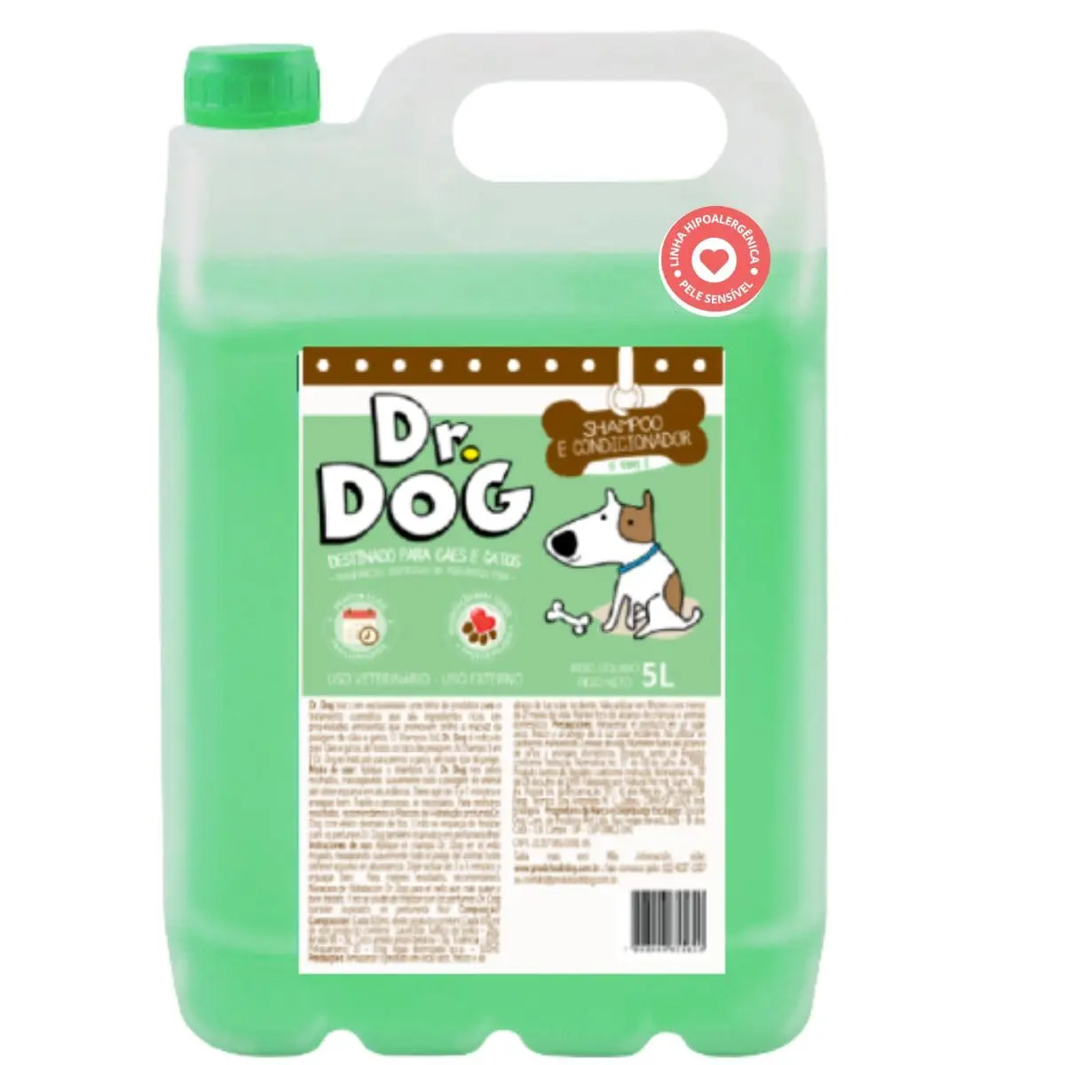 Shampoo e Condicionador Líquido para Cães e Gatos Dr Dog, 5 litros | 5x1, Peles Sensíveis, Hipoalergênico, Não Arde os Olhos