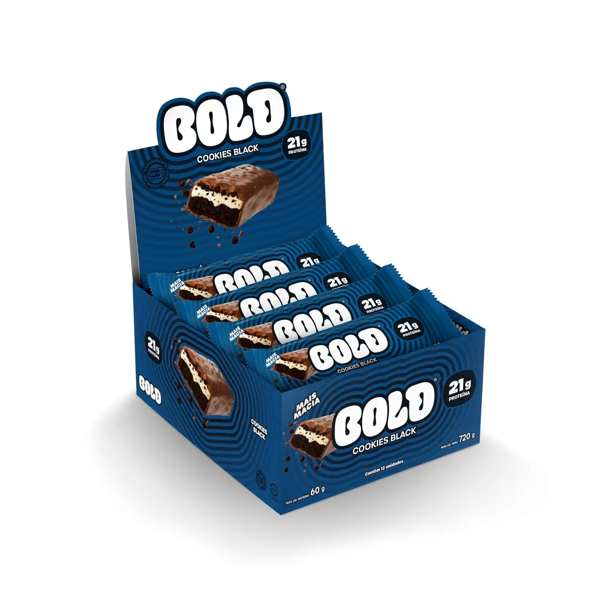 Bold Barra de Proteína Cookies Black | Caixa com 12 Unidades | 21g de Proteína | Zero Adição de Açúcar