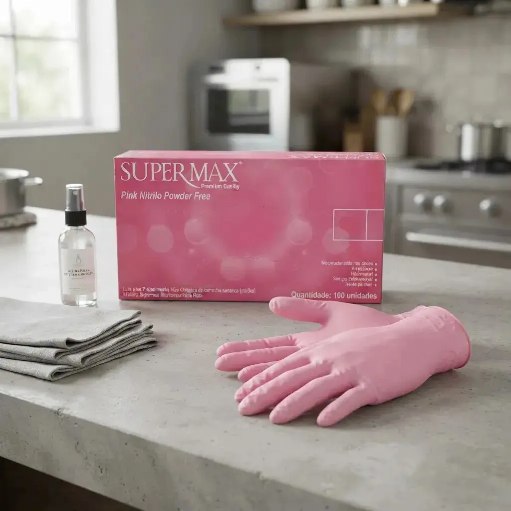 Luvas descartáveis antiderrapantes Supermax Luva Nitrílica cor rosa tamanho PP de nitrila