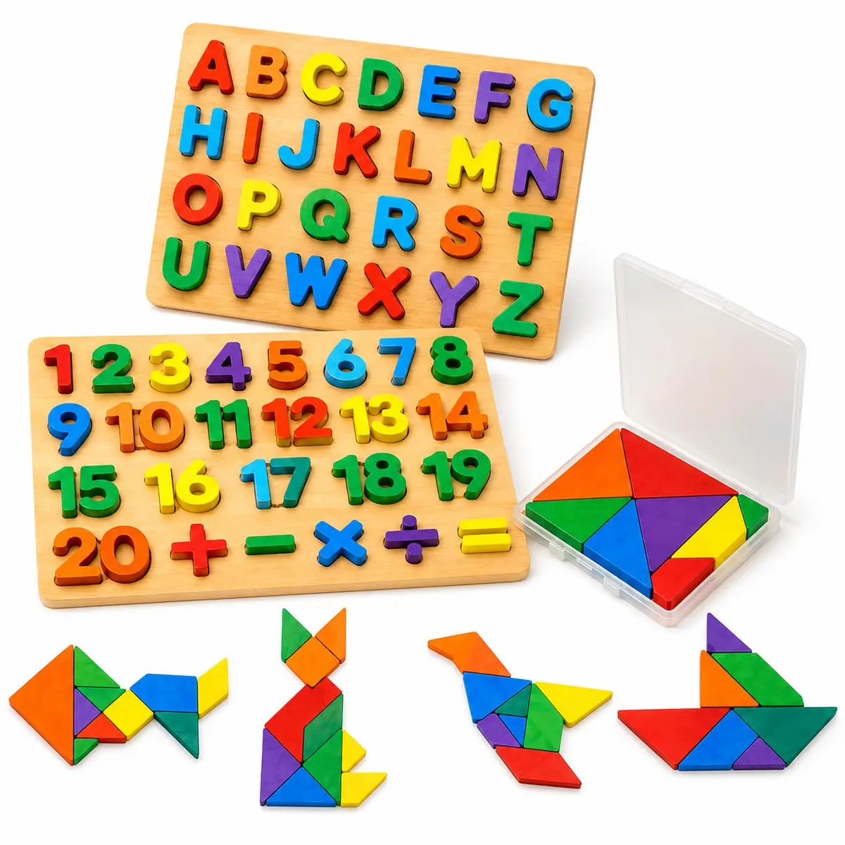 Kit Pedagógico 3 em 1 Alfabeto, Números e Tangram em Madeira | Painéis Grande -Letras Maiúsculas - Números de 0 a 20 - Sinais Matemáticos - 3anos+ - 1