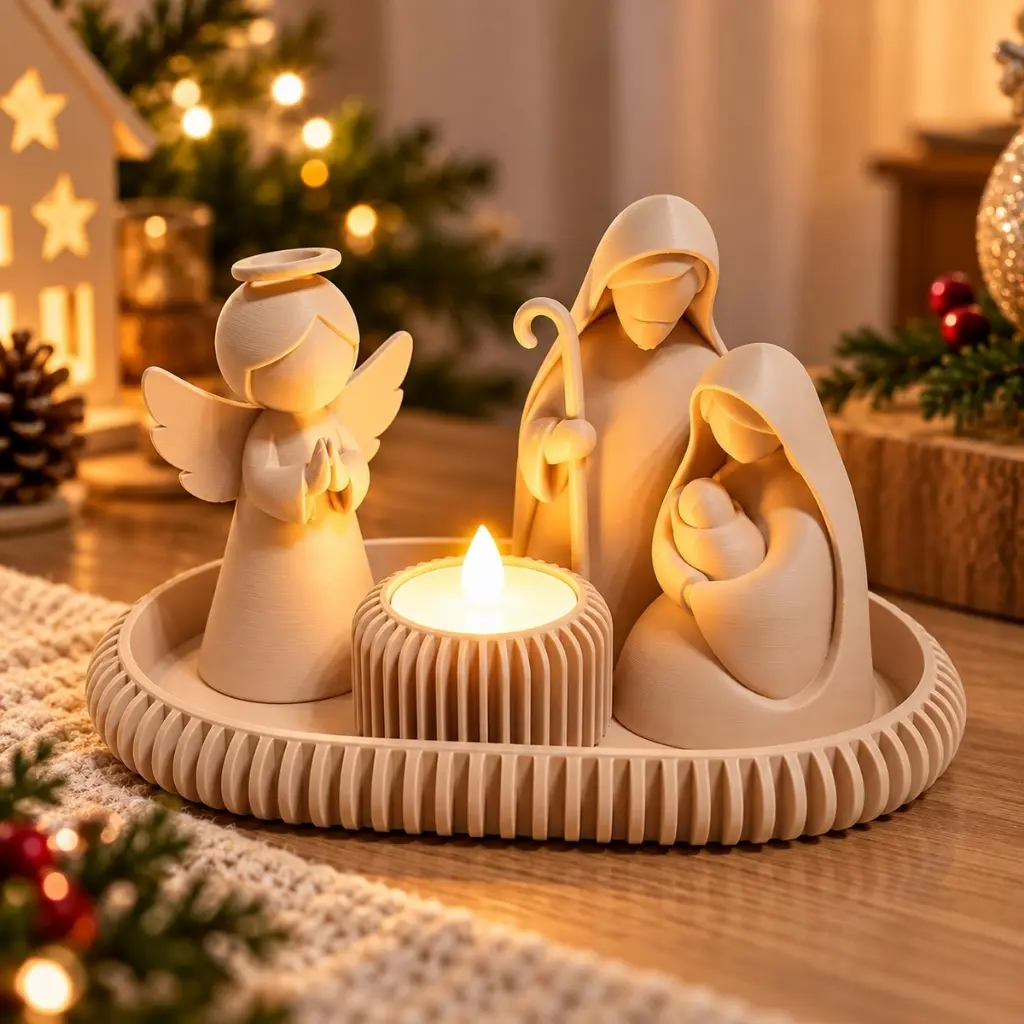 Presépio de Natal Minimalista Decorativo com Bandeja e Vela de LED