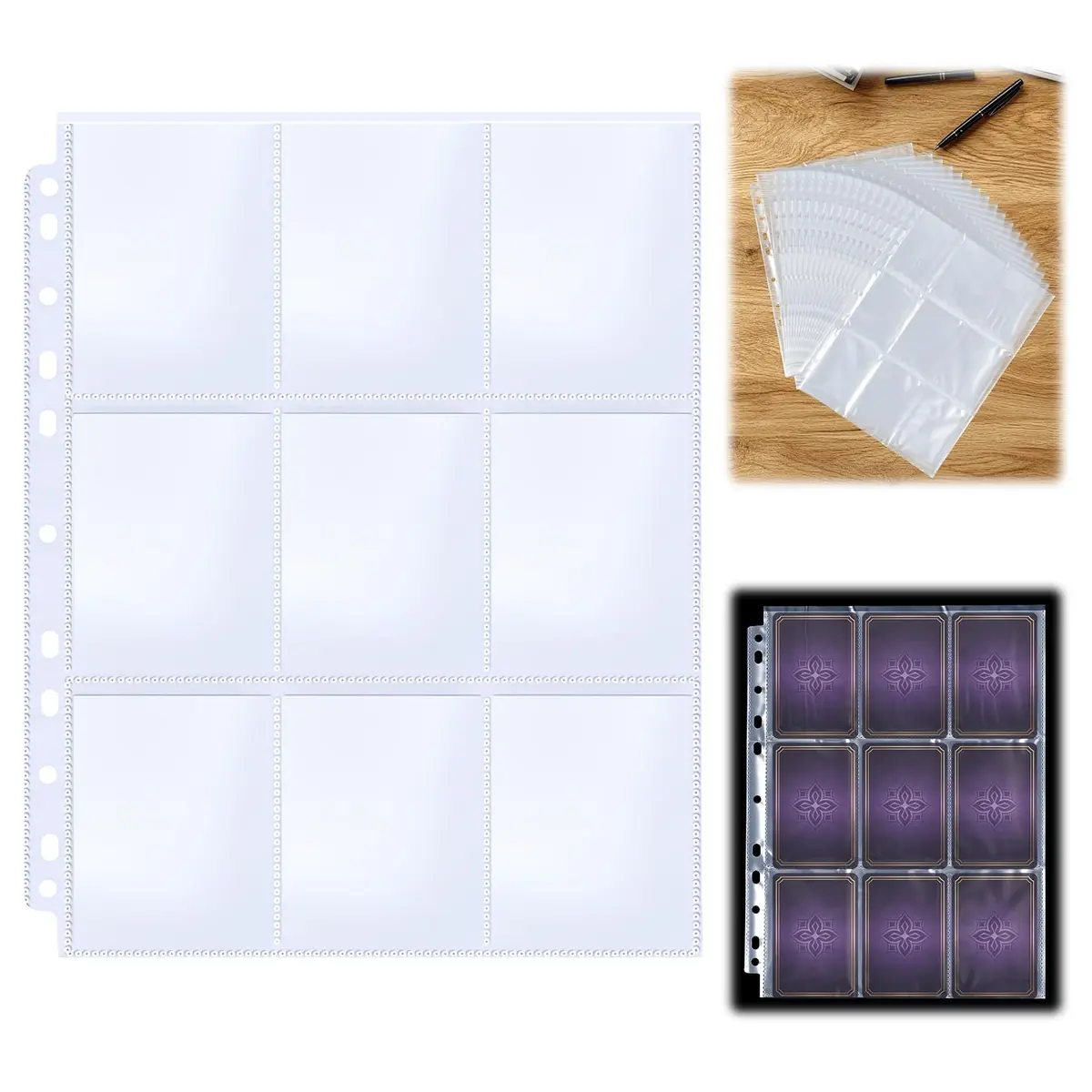 Gavzrt 50 Folhas Protetor Transparente para Cartas Colecionáveis, 9 Bolsos Cada Folha, Porta Cartões Compatível com Fichário de 3 Argolas, Refil Plástico para Cartões com 9 Bolsos