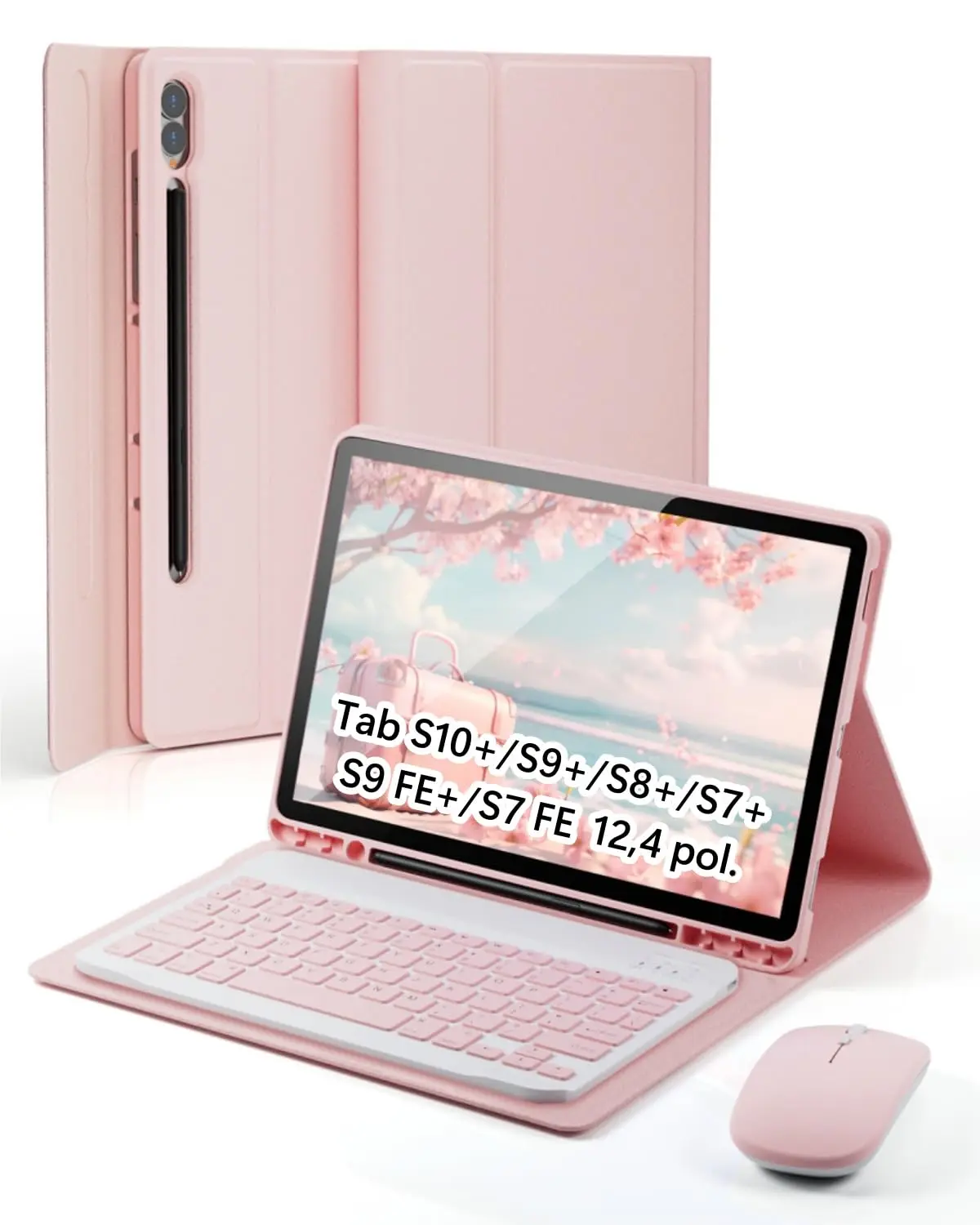 Capa Teclado para Samsung Galaxy Tab S10+ e S9 FE+ e S9+ e S8+ e S7 FE e S7+ (Plus) 12,4 polegadas Capinha [ suporte para Lápis embutido ] com [ Mouse ] - Rosa
