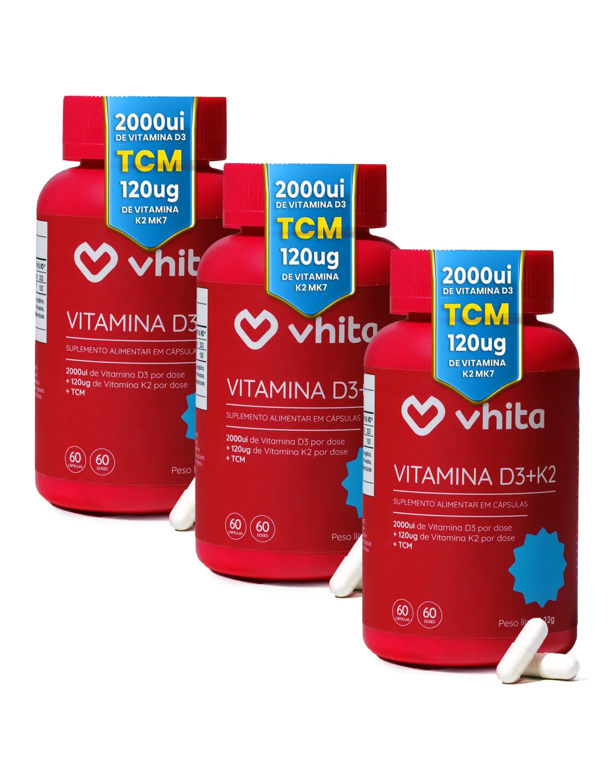 Vitamina D3 K2 MK7 2000ui 60 Cápsulas (60 dias cada pote) - 3 unidades | 180 Cápsulas, 180 Porções.