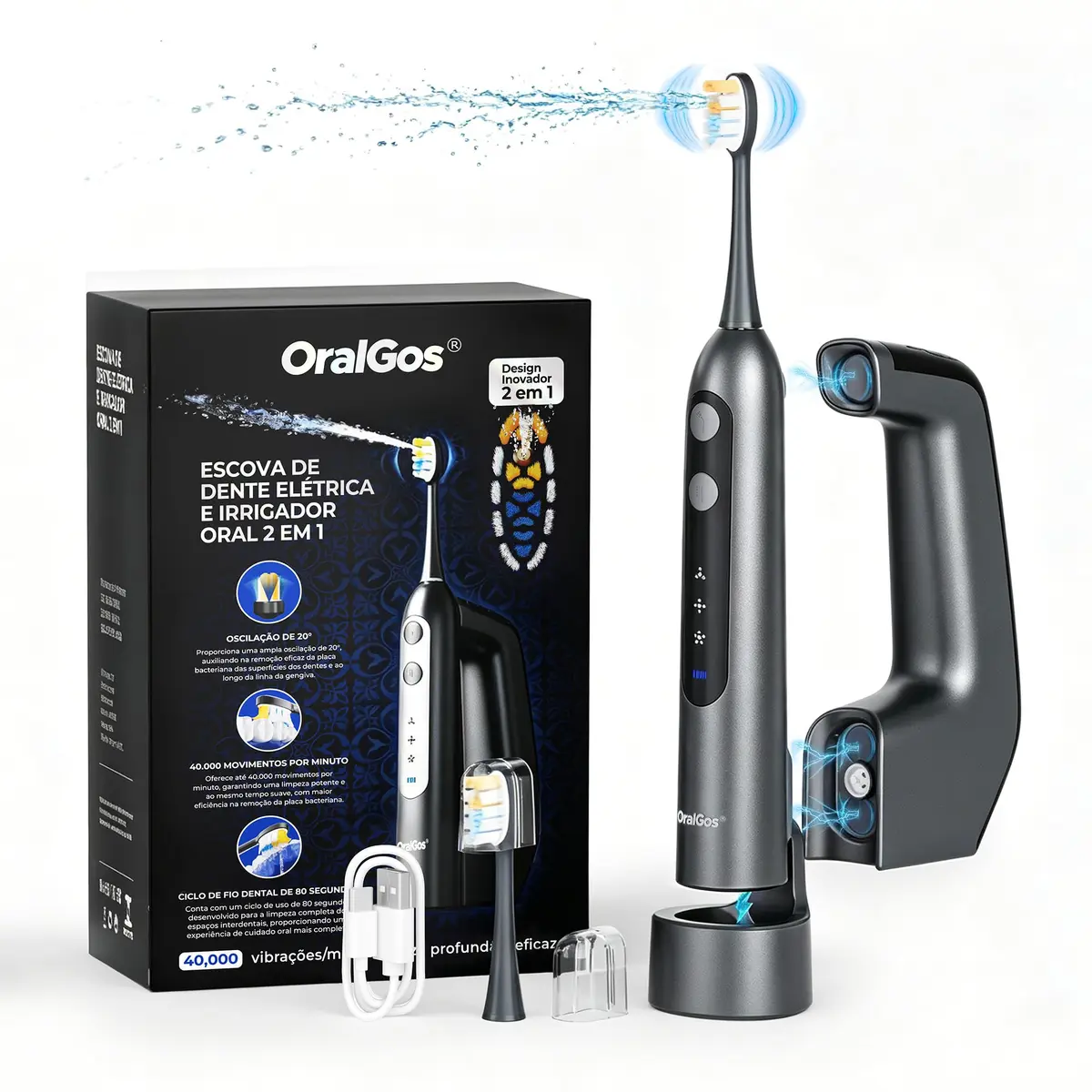 OralGos Escova de Dentes Elétrica 2 em 1 com Irrigador Oral, Preto | 40000 Vibrações Sônicas por Minuto, Reservatório Magnético 150ml, Carregamento Sem Fio, Escova de Viagem