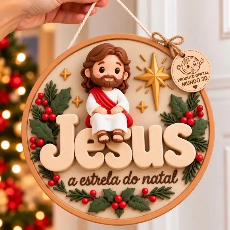 Guirlanda Decoração de Natal MDF Mini Jesus Efeito 3D Enfeite de Natal Plaquinha Decorativa Natalina Pendurar Porta m - 1