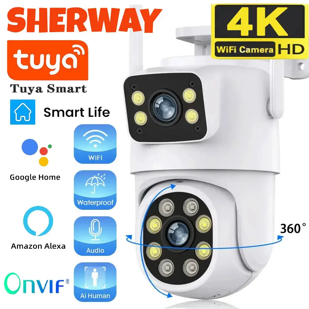 4k 8mp tuya lente dupla wifi câmera ptz ao ar livre tela dupla ai humano rastreamento automático câmera de segurança vigilância com alexa google