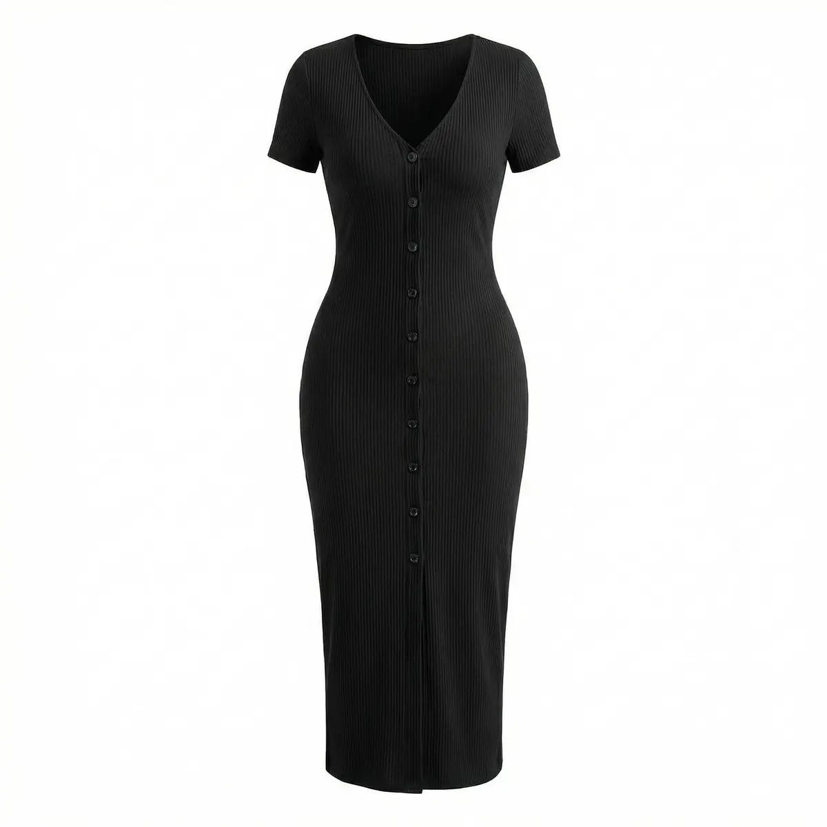 Vestido Longo Preto 95% Poly + 5% Elástica | Modelo com Decote V, Manga Curta e Fenda Lateral