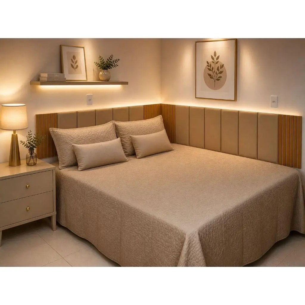 Cabeceira Modular em L com Painel Ripado MDF para Cama Box(BEGE,Cama Solteiro)