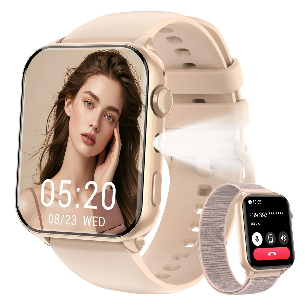 IOWODO Relógio Smartwatch Unissex 1.91" com Chamadas Bluetooth - Lanterna LED, 2 Pulseiras, 100+ Modos Esportivos, IP68 - iPhone/Android (Rosa)