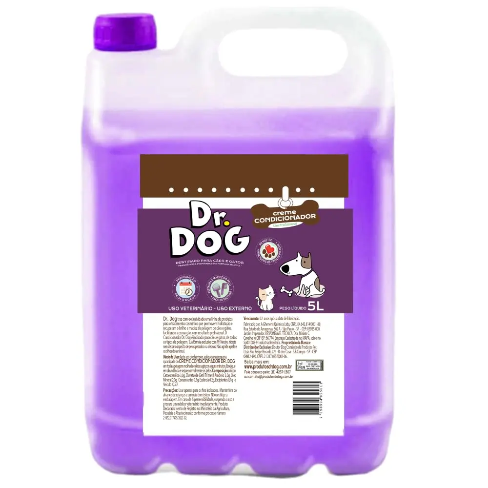 Creme Condicionador Pet 5 Litros, Profissional - Revitaliza, Desembaraça e Dá brilho Cães, Gatos, Filhotes com Pelos Danificados. Perfume Suave - 1