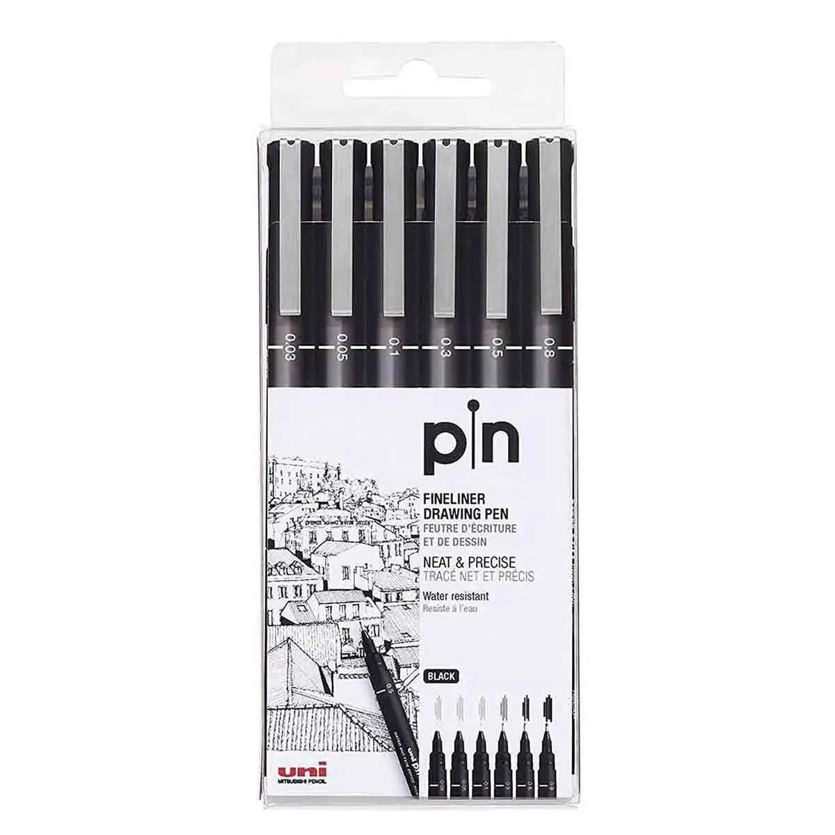 Caneta Técnica, Uni-Ball, Pin, 56.5400, Preta, 6 Unidades