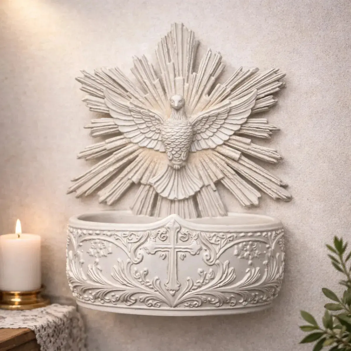 Pia Porta Água Benta Sagrada Familia Luxo Mesa Ou Parede Ful Pomba Espirito Santo