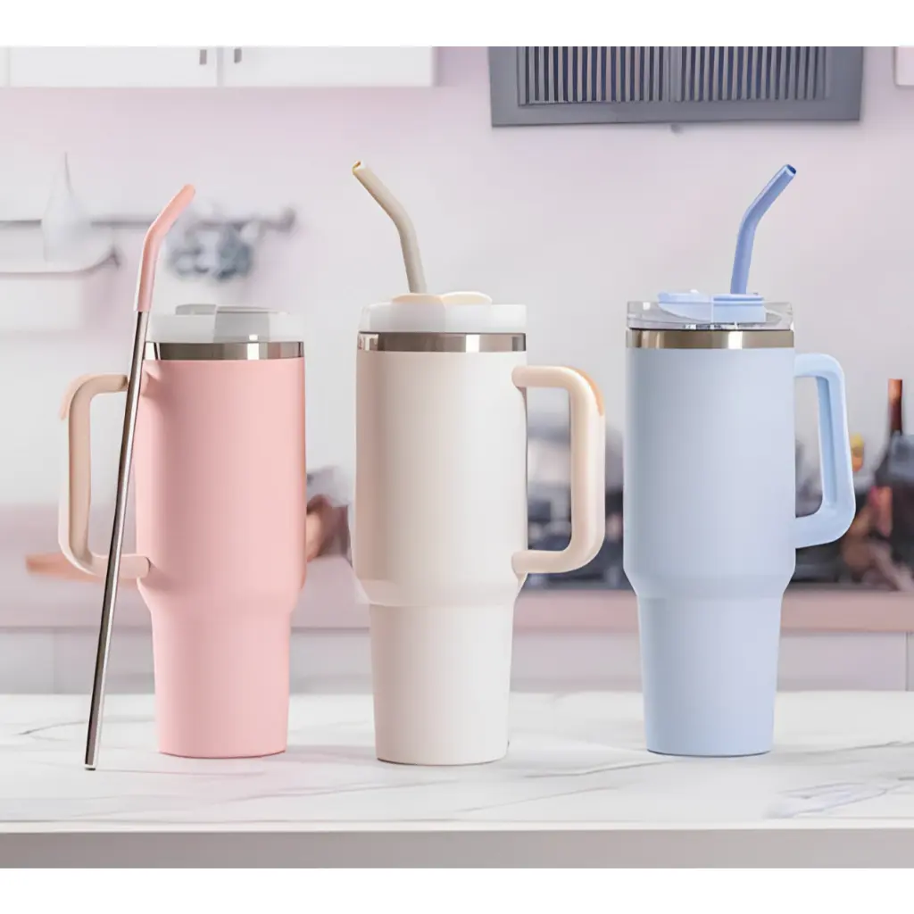Copo Térmico Grande 1200ML Com Alça Com Canudo Em Metal Garrafa Em Aço Inoxidável - 1
