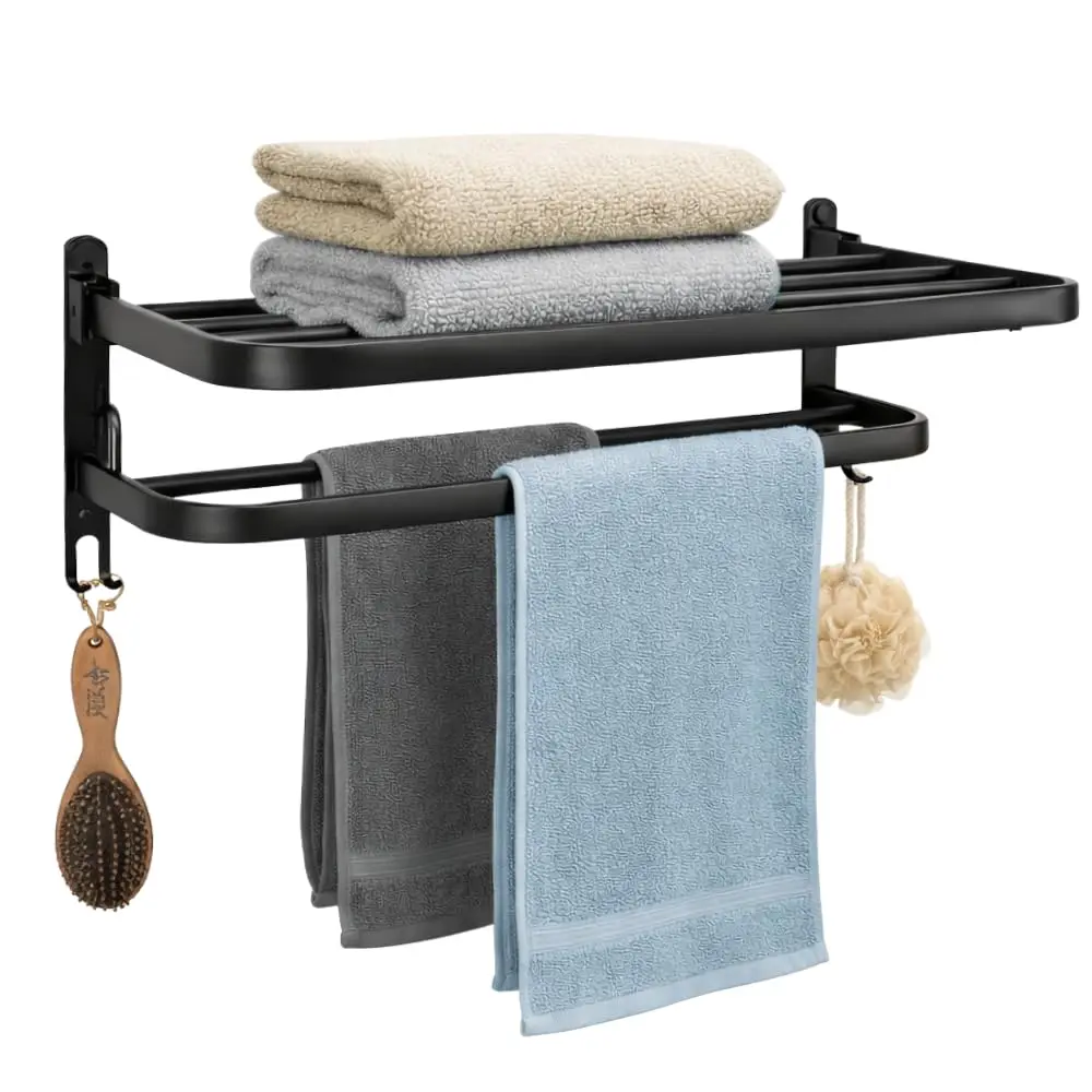 Toalheiro Duplo de Parede com Prateleira 46cm, Metal Preto Fosco | Suporte Porta Toalhas, Dobrável