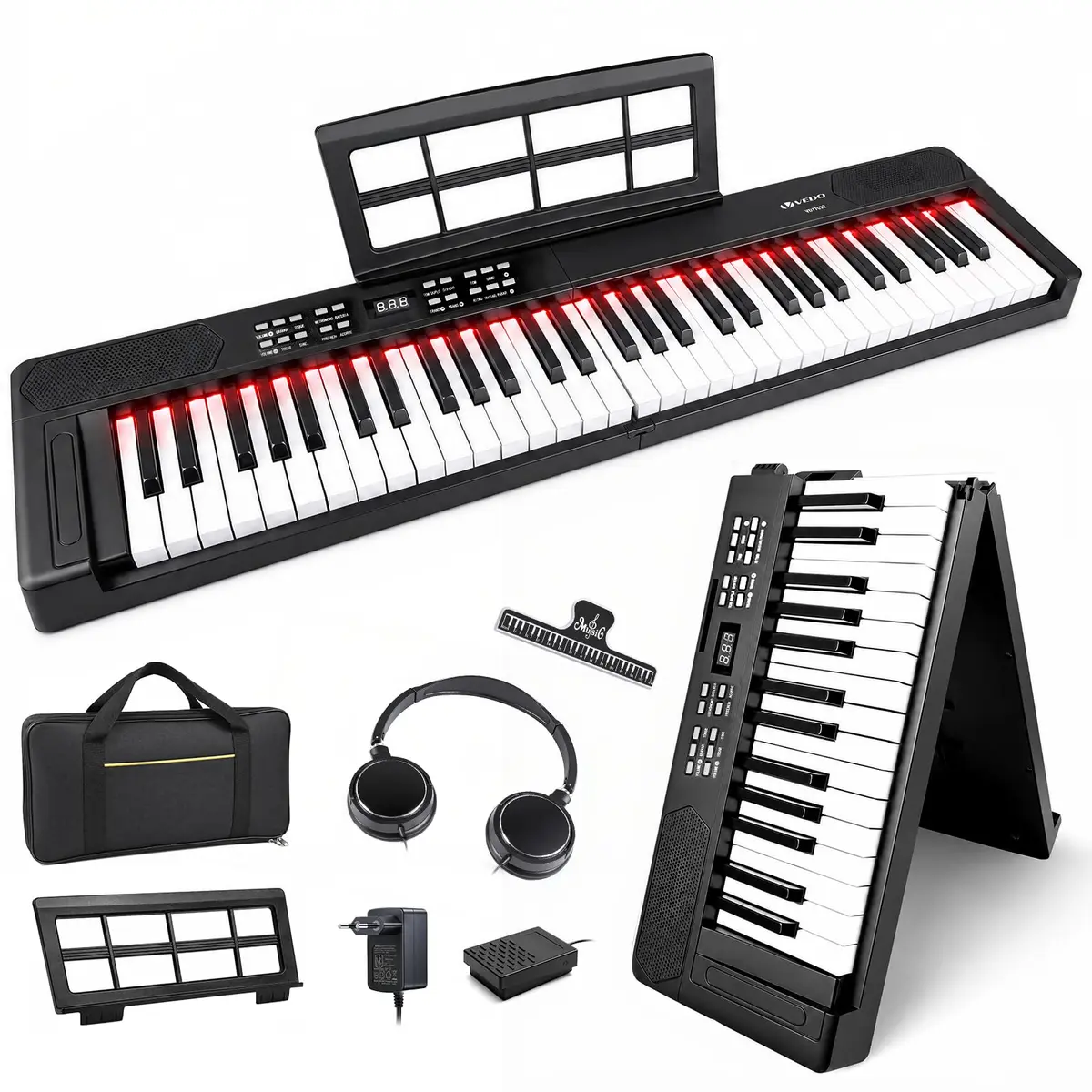 VEDO Teclado Musical Dobrável, 61 Teclas Retroiluminado Semipesadas, 128 Tons, 128 Ritmos, 80 CançõEs de DemonstraçãO, Adaptação MIDI, DAW, com Estante de Partitura e Bolsa, Fones de Ouvido, Pedais