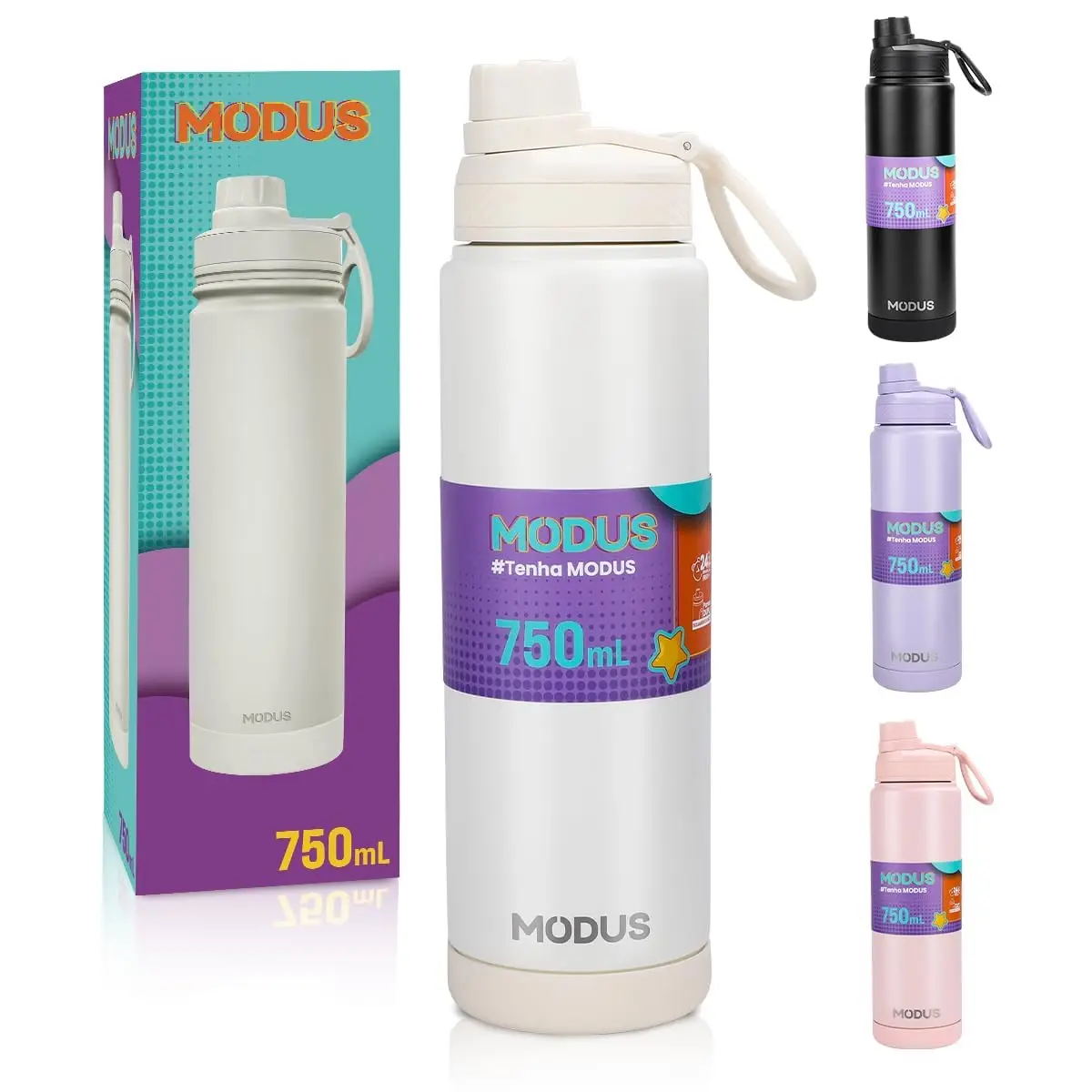 MODUS 750mL Garrafa de Água Térmica Inox Isolada a Vácuo | com Base Emborrachada Anti Derrapante, Adesivo(Branco)