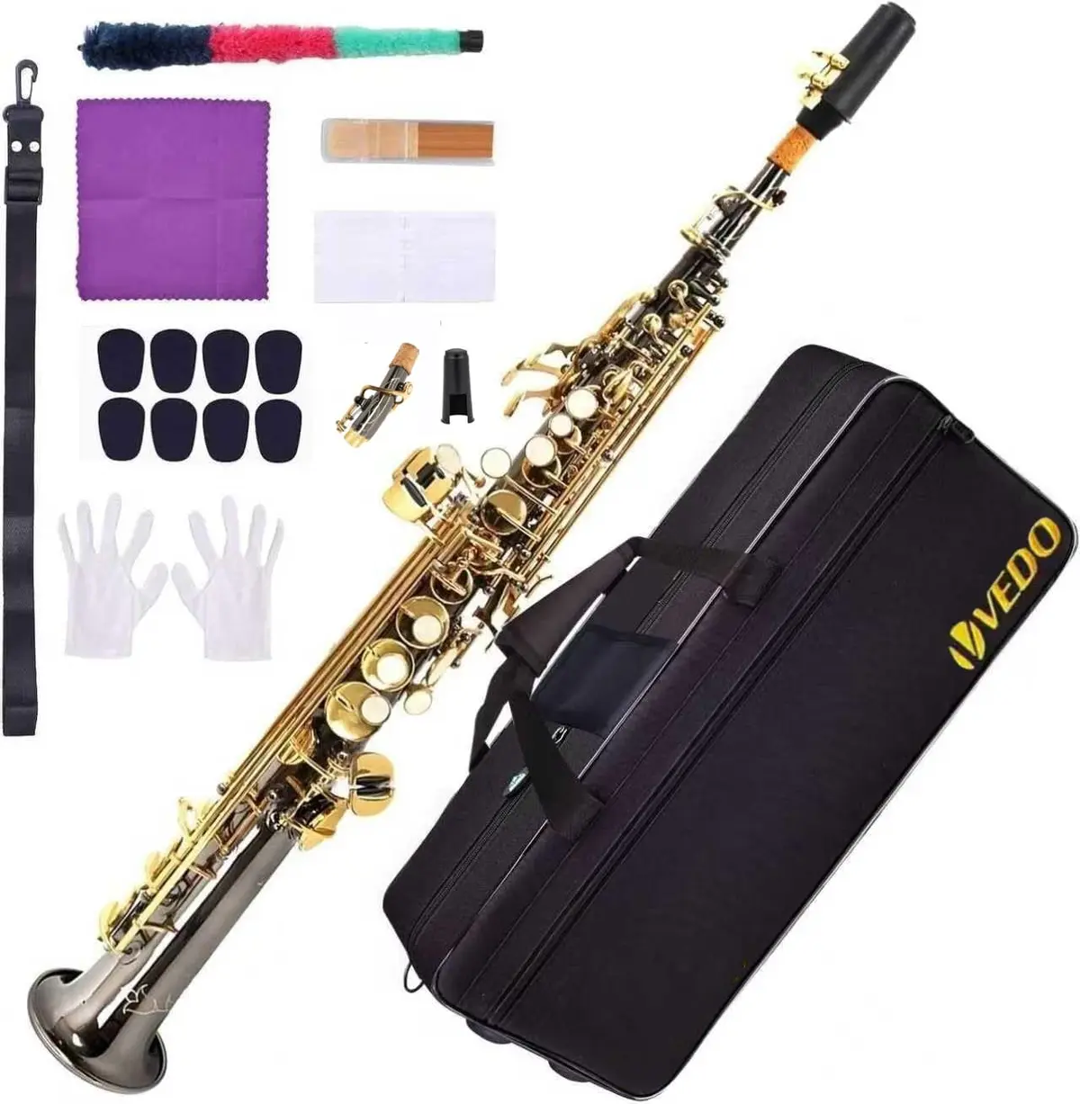 VEDO Saxofone Soprano Em Bb, Instrumento De Tubo Reto, Campana Integrado, Adequado Para Iniciantes E MúSicos NíVel IntermediáRio, Estojo, Boquilha, Sapatilhas, Palhetas, Kit Limpeza, Correia, preto - 1