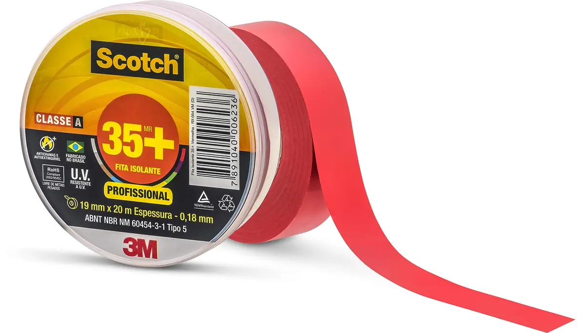 SCOTCH 3M Fita Isolante 35+ 19 mm x 20 m Vermelha 1 Unidade | Isola e Identifica Fios com Excelente Adesão e Resistência à Abrasão, Umidade e Solventes, Garantindo Proteção e Segurança