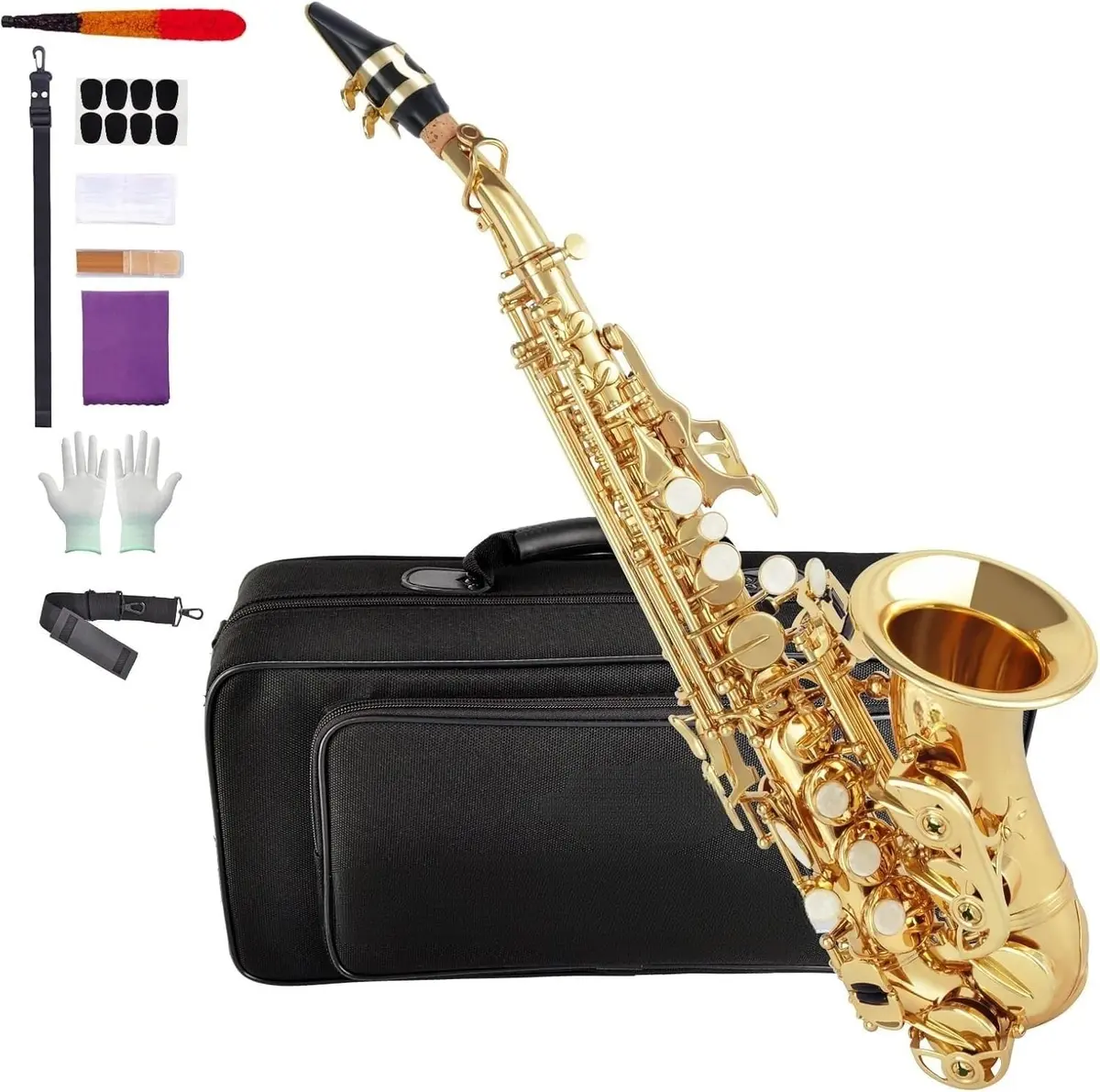 Saxofone Soprano Curvo em Bb – Dourado, Modelo VEDO, Ideal para Iniciantes e Intermediários, com Estojo Rígido, Boquilha, Palhetas, Kit de Limpeza, Correia e Luvas