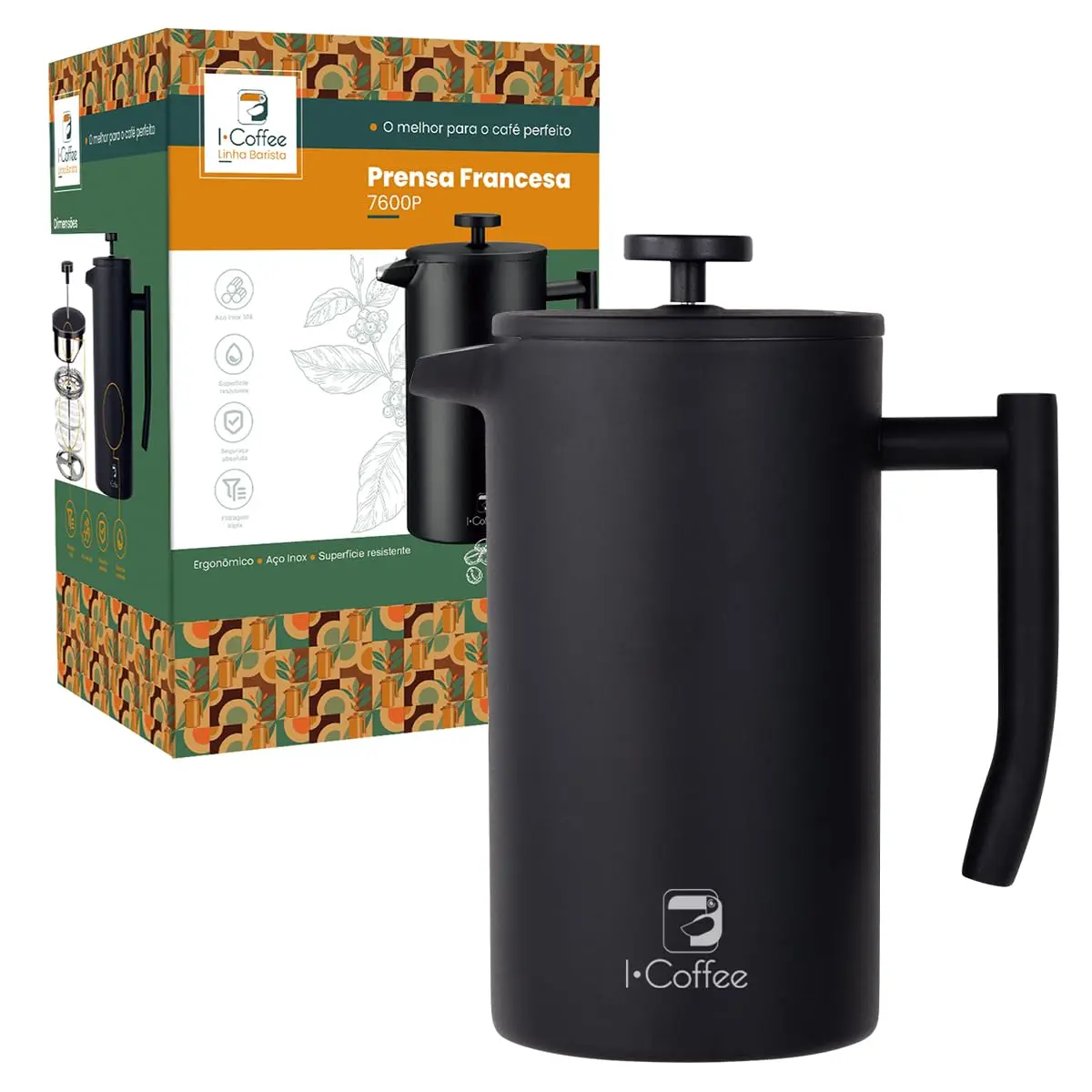700 mL Cafeteira Prensa Francesacom Filtro de 4 Estágios | Isolamento Duplo, Cafeteira de Aço Inoxidável (Preto)