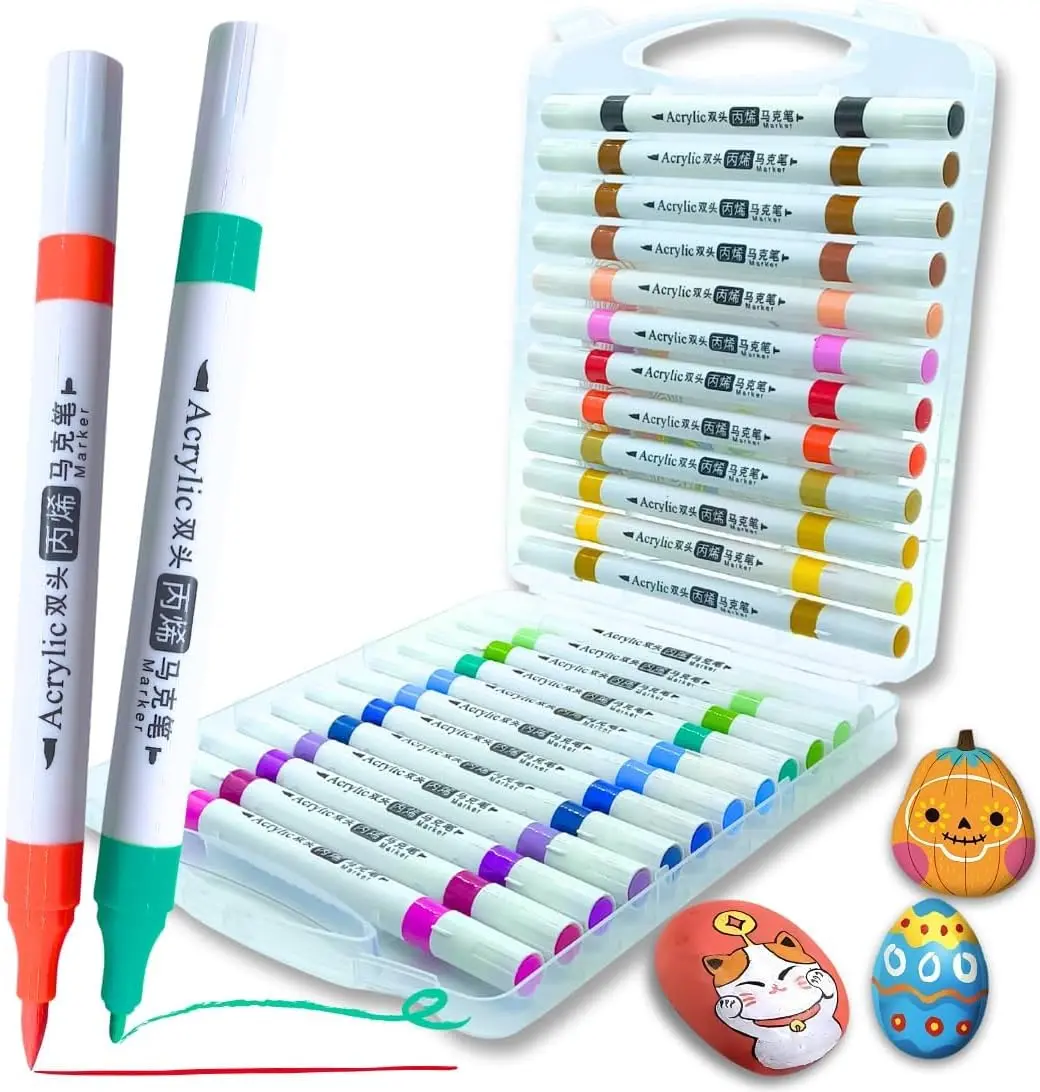 Marcadores de Tinta Acrílica, 24 Cores, Ponta Dupla Média e Cinzel para Tecidos, Pedras, Madeira, Tela, Cerâmica e Vidro