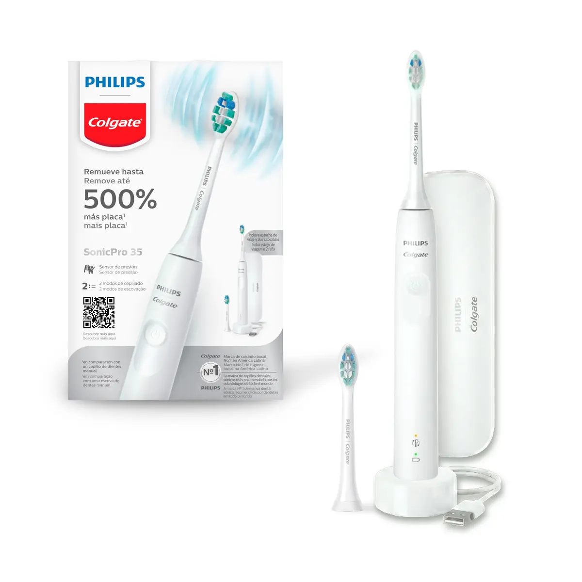 Philips Colgate Escova De Dente Elétrica Sonic Pro 35, Remove 500% Mais Placa, 2 Modos, Sensor De Pressão, Recarregável, Bivolt, 2 Cabeças, Estojo De Viagem - 1