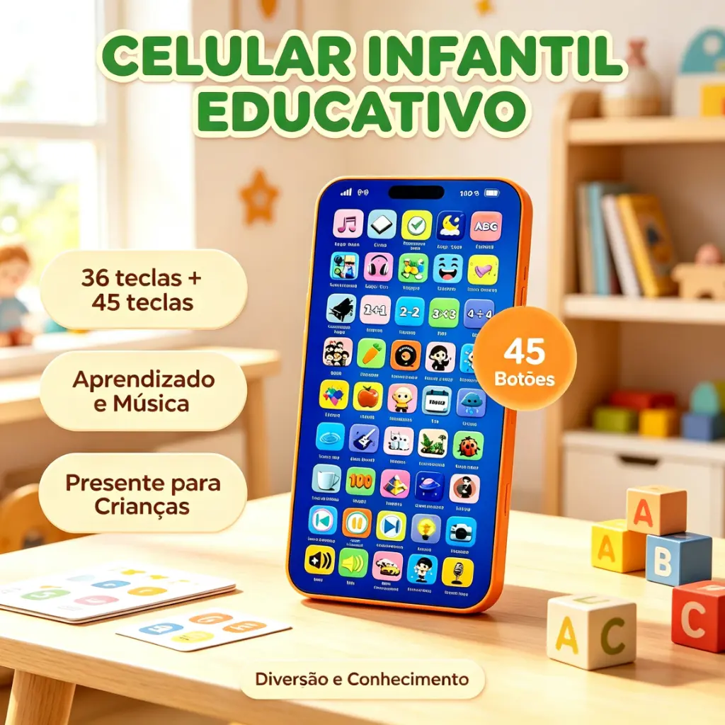 Celular Infantil Telefone de Brinquedo Educativo Recarregável Interativo Musical para Bebês - 1