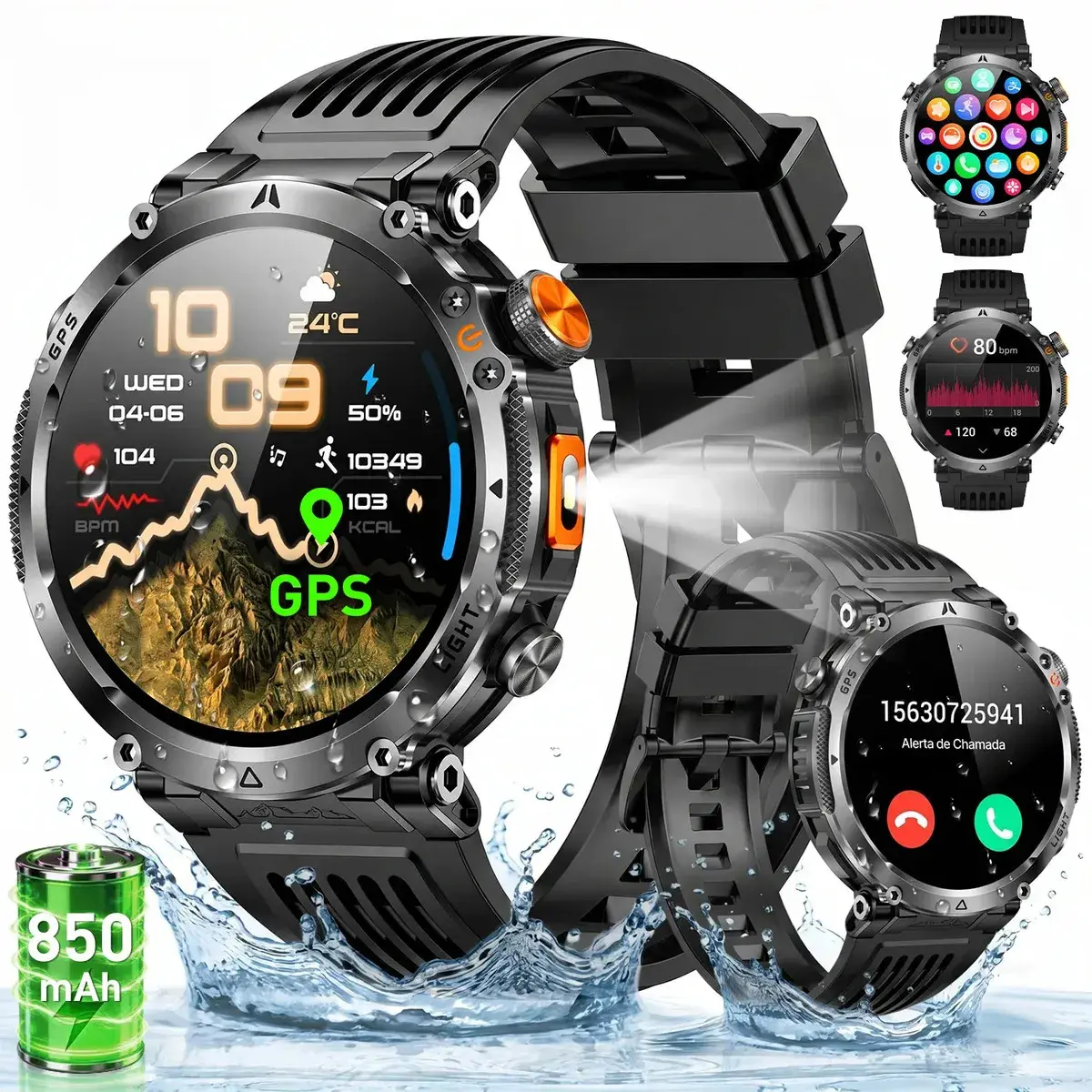 Relógio Inteligente Smartwatch Gps Autônomo IP68 3ATM À prova d'água 850mAh Preto NOVANTE Digital Feminino Masculino Esportivo Android IOS Notificações Instantâneas Bluetooth Chamadas Lanterna Bússola
