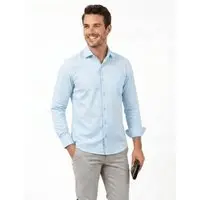 Camisa Social LBL Slim Poliéster Macia Não Amassa Manga Longa Azul - 1