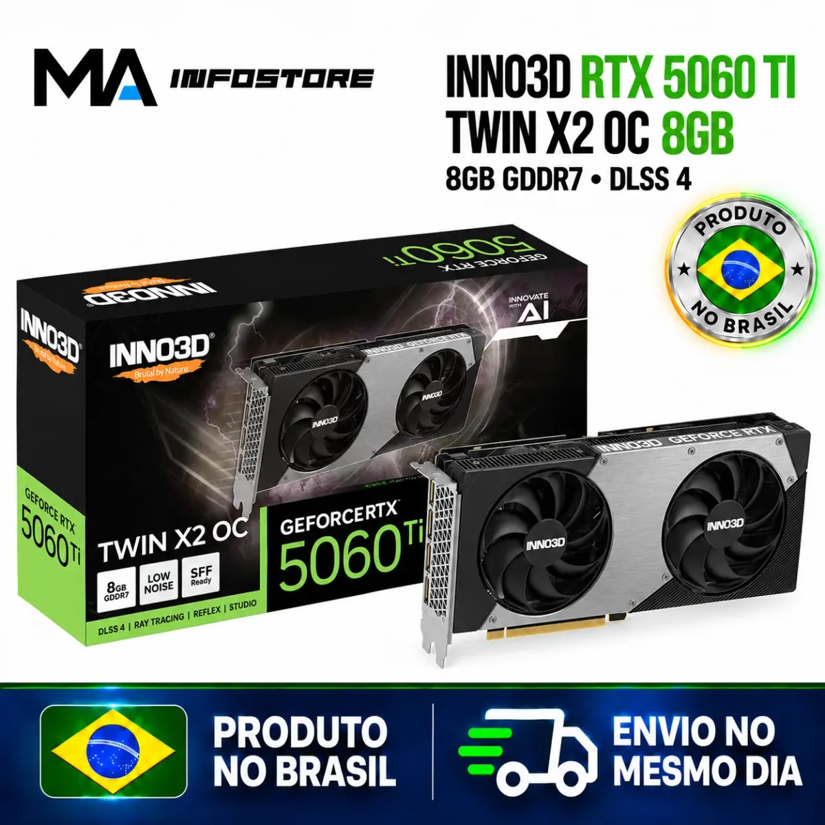 Placa de Vídeo INNO3D NVIDIA GeForce RTX 5060 Ti TWIN X2, 8GB, GDDR7, DLSS, Ray Tracing, N506T2-08D7-193075N