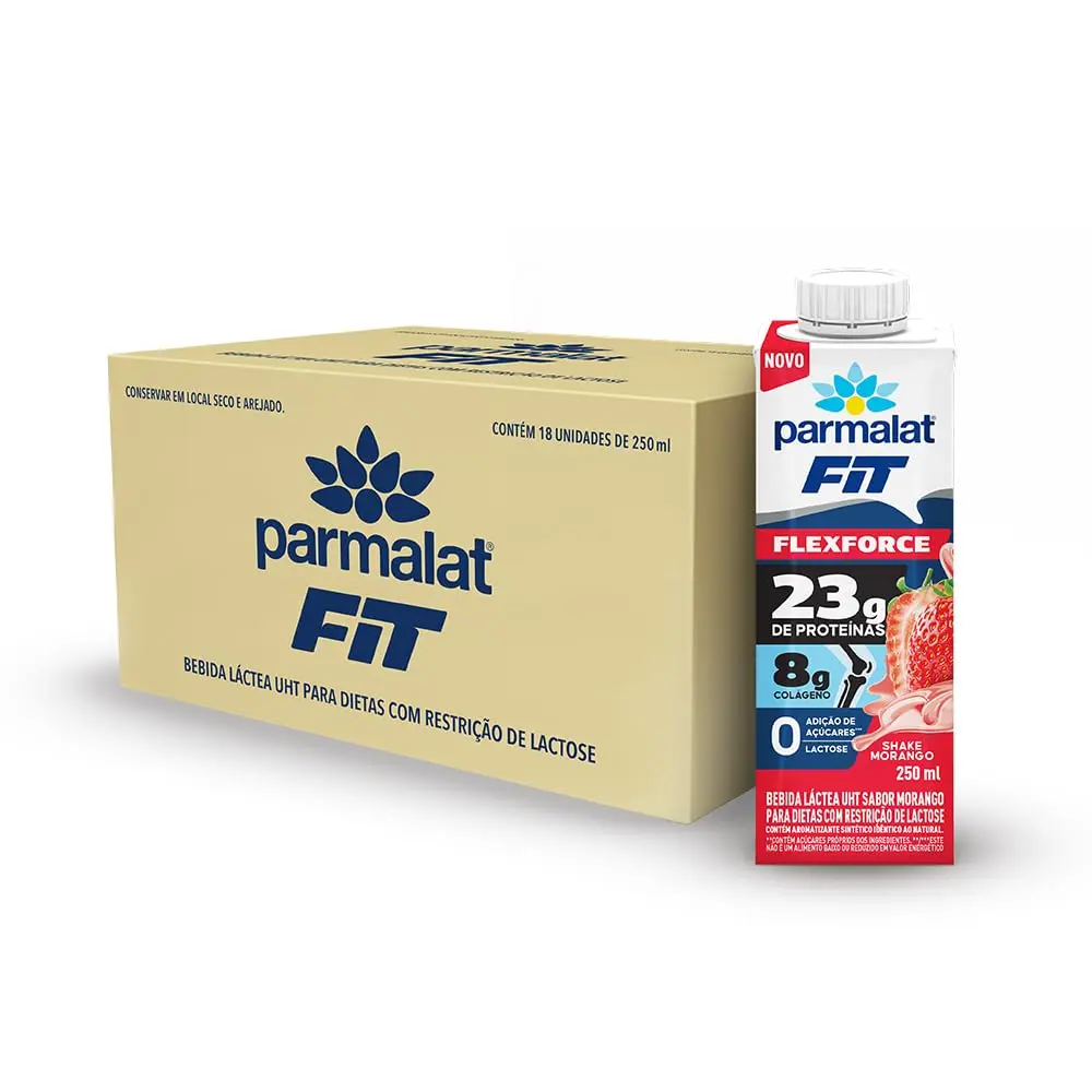 Bebida Proteica Parmalat Fit Flexforce Morango 23G de Proteína 250ML c/Colágeno - 18 unidades
