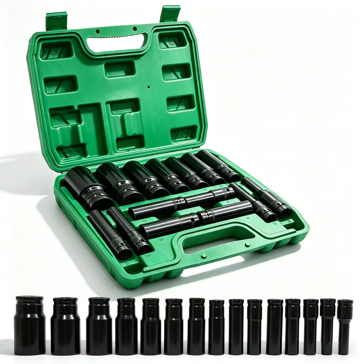 Kit Jogo de Soquete de Impacto 1/2 Profundos, Kit Soquete Longo Sextavado Completo Ferramentas 15 Peças (8-32mm)-Cromo-Vanádio Cr-V-Caixinha Organizadora, Compacta para Reparos Automotivos, Oficina