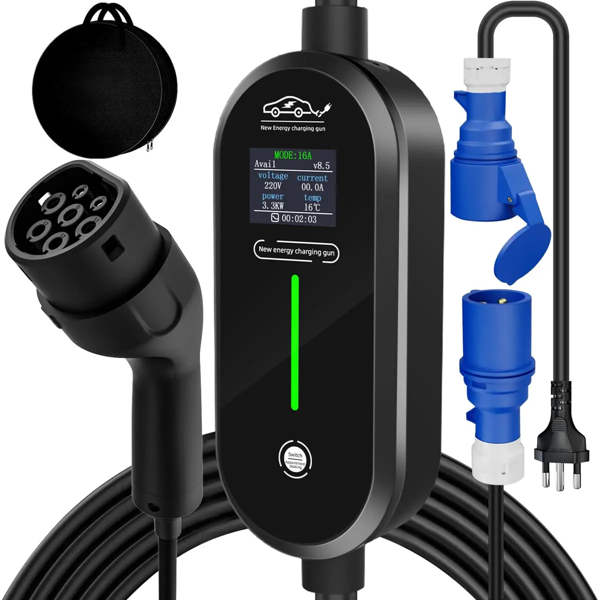 Carregador Carro Elétrico Portátil, 7KW Carregador de Ev com 10 Proteções, Ajuste de Corrente 8A-32A, para Carro Elétrico, 110/220V (5M) (Preto Redondo)