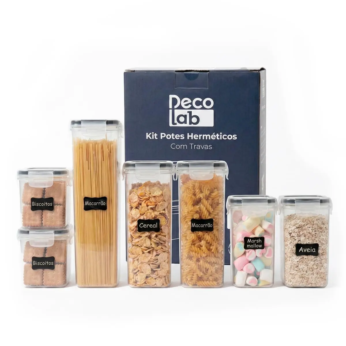 Decolab Kit 7 Potes Herméticos BPA Free para Mantimentos Transparente | Plástico PP livre de BPA, formato retangular e vedação de silicone: 2 x 0,8 L, 2 x 1,4 L, 2 x 2,0 L e 1 x 2,8 L.