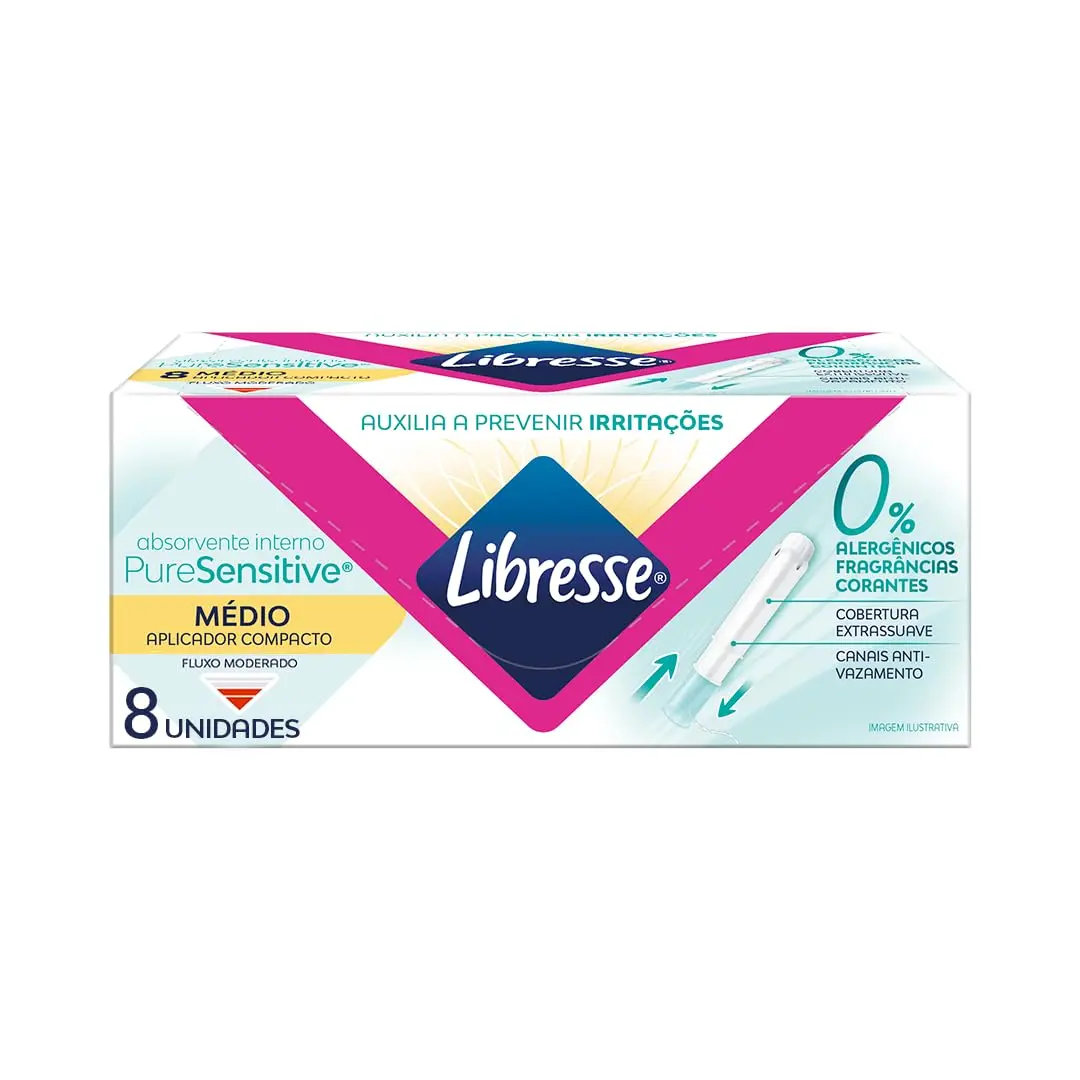 Absorvente Interno Libresse Pure Sensitive, Médio, 8 Unidades | Aplicador Compacto, Absorção de 9 a 12 gramas para fluxo moderado