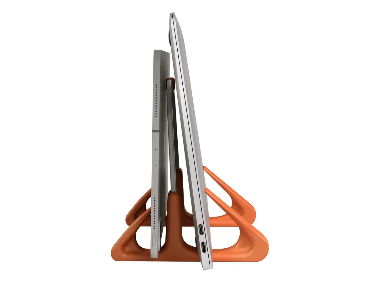 Suporte Vertical para Notebook OCTOO LiteStand Vertical, Organizador de Mesa, Compatível com Notebooks e Tablets de até 16", Base Estável, Design Compacto e Pronto para Usar — Ice Silver/Laranja - 1